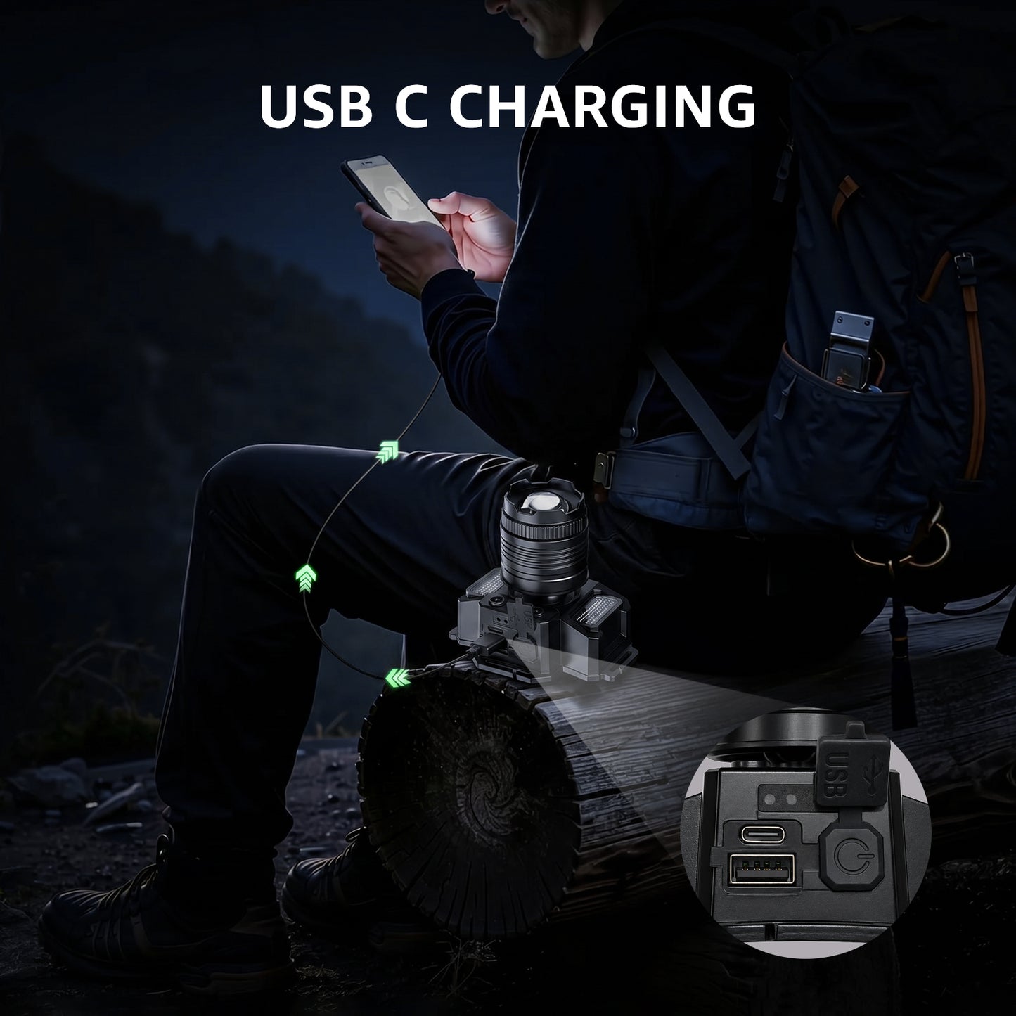 Skdwakiz Rechargeable LED Headlamp Flashlight with COB Side Light, 5 Modes Hands-Free Head Lamp with Adjustable Focus | Motion Sensor | Power Bank Function for Camping, Hiking, Repair