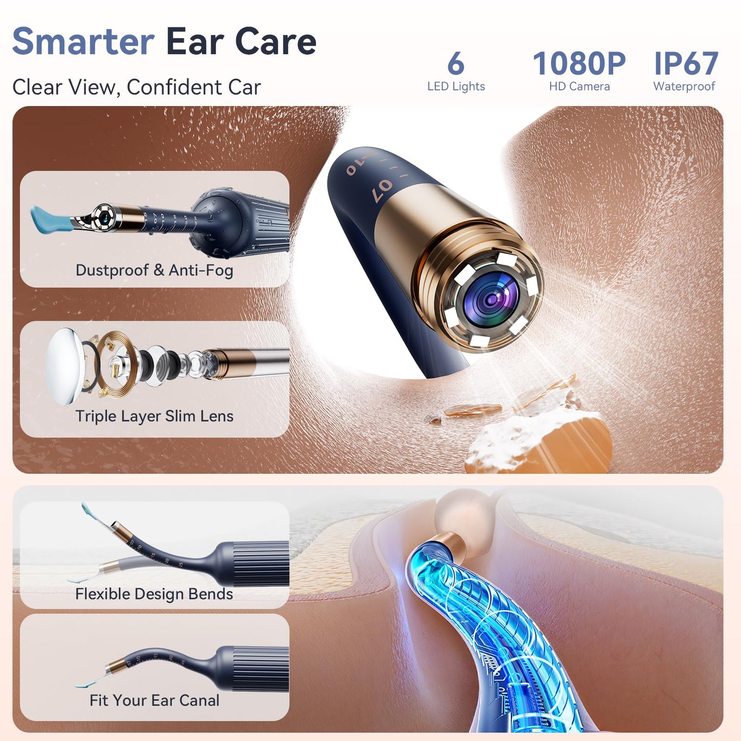 TCVOR Professional Ear Wax Removal Kit with Camera - 1080P HD Visual Ear Cleaner with Tweezers/Scooper/Scraper/Sponge/6 LED Lights Flexible Ear Otoscope - Portable Earwax Removal Tool for Home Use