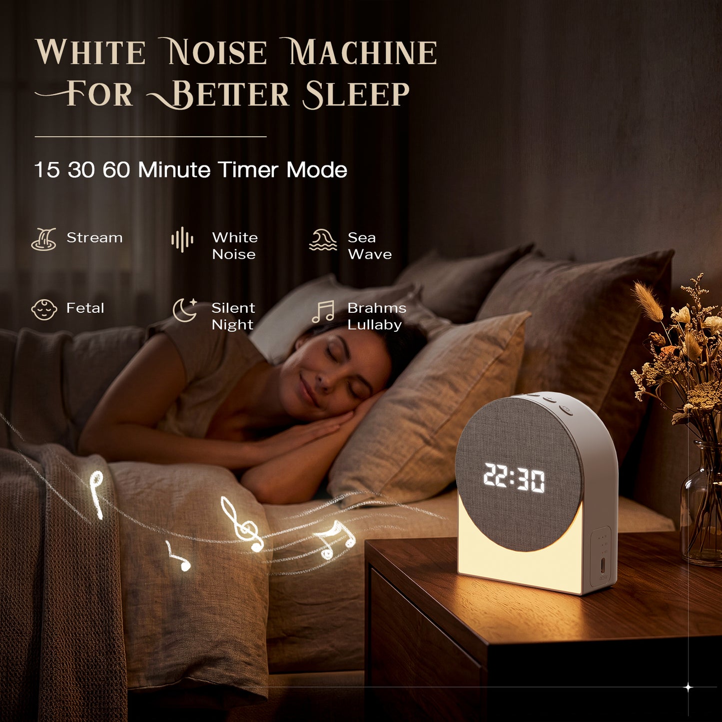 TCVOR 4 in 1 White Noise Machine with Bluetooth Speaker | Night Light | Digital Clock & Alarm, Multi-Function Sound Machine with 6 Soothing Sounds & Auto-Off Sleep Timer (15/30/60 Min)