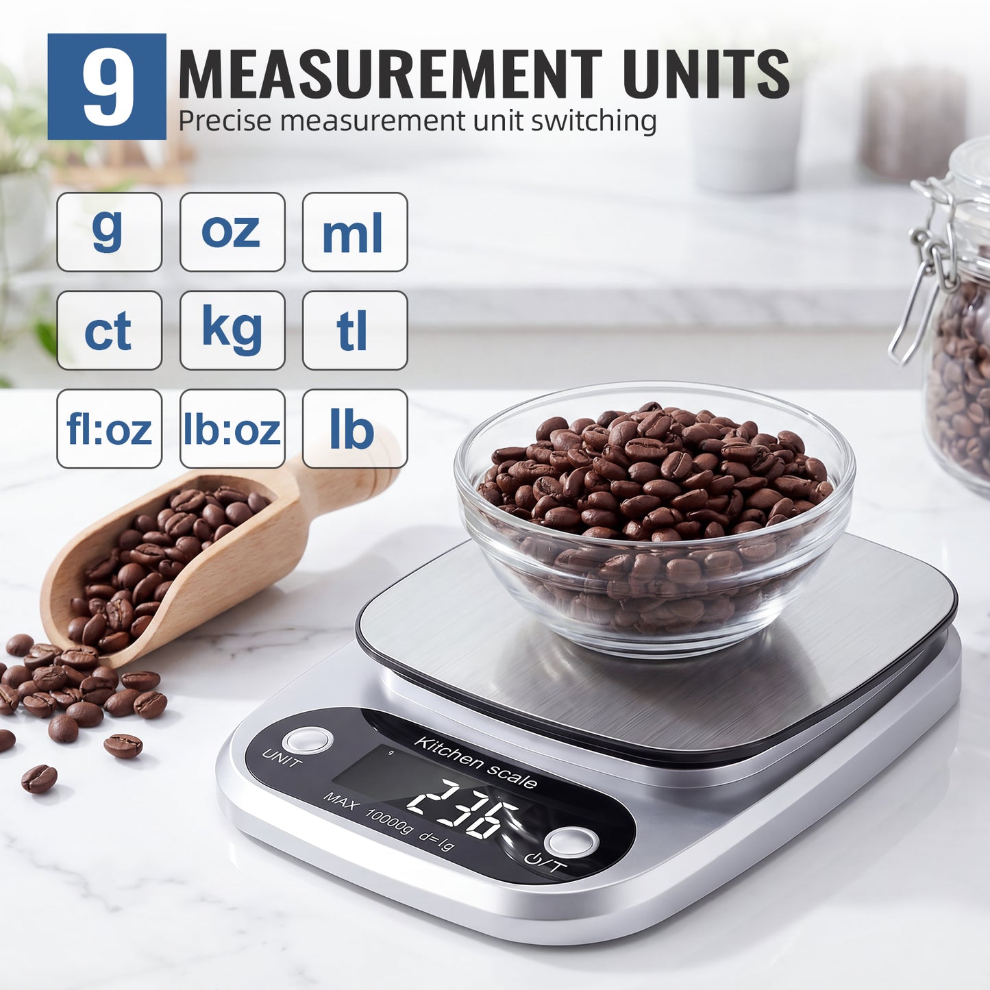 Arenviy Food Scale, 22lb Digital Kitchen Scale with 9 Units Tare Function & LCD Display, 304 Stainless Steel, Digital Grams and Ounces for Weight Loss, Baking, Cooking, Keto & Meal Prep