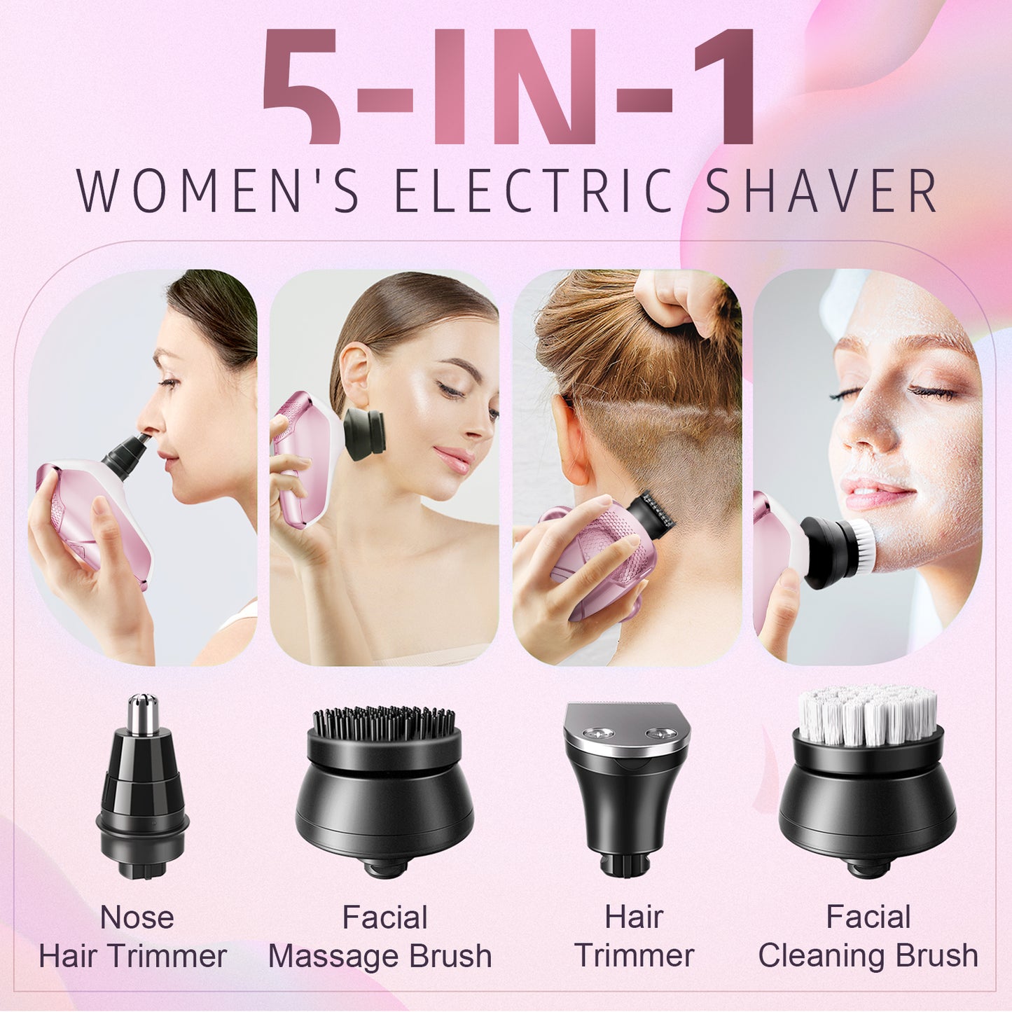Skdwakiz Electric Razor for Women Legs, 5-in-1 7D Rechargeable Cordless Body Head Shaver, IPX6 Waterproof Wet/Dry Bikini Trimmer Hair Epilator, Trimmer for Lady Face Underarms Pubic, Pink