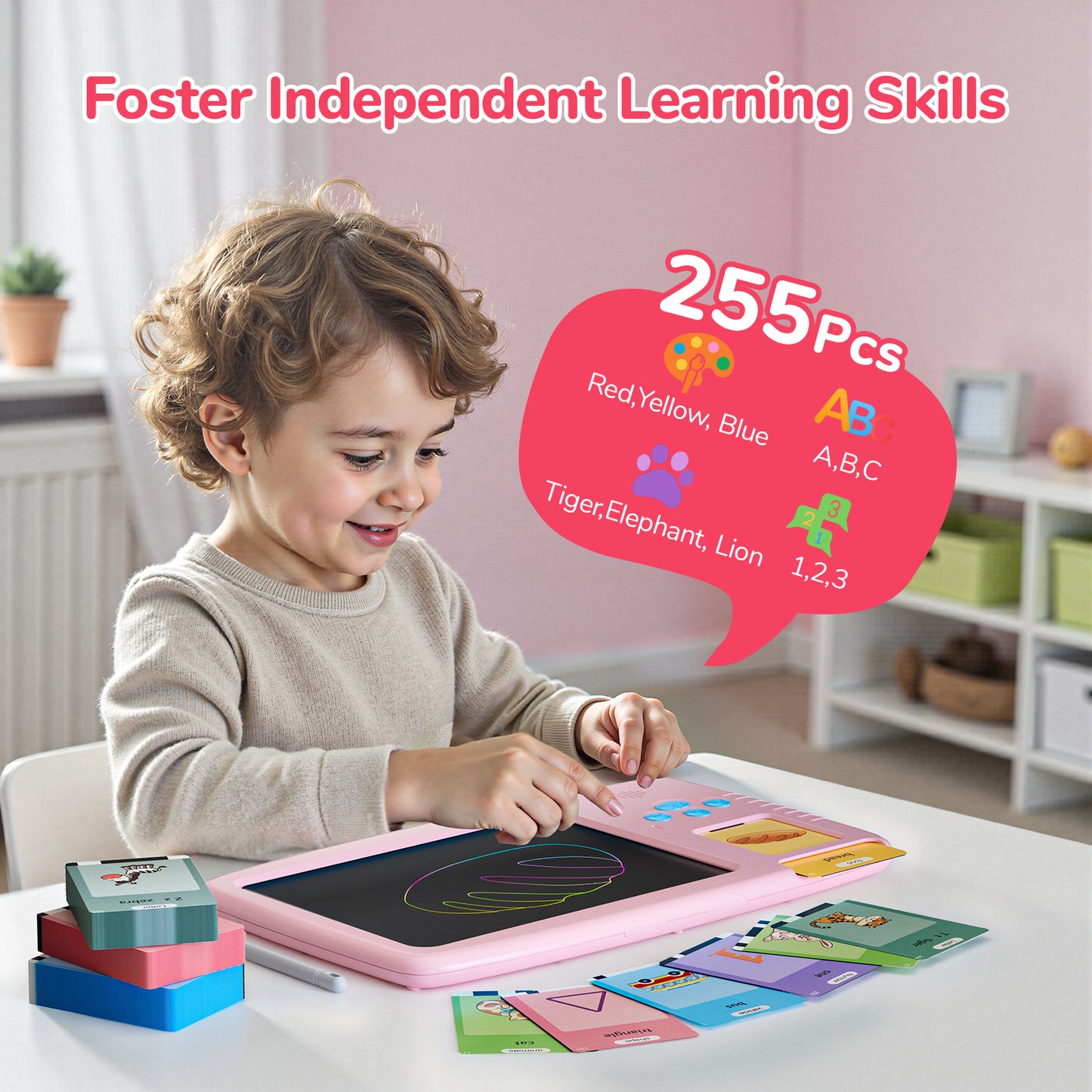 Skdwakiz 510 Sight Words Talking Flash Cards with LCD Writing Tablet for Toddlers, Kids Montessori Language Learning Toys with 255 Cards for Boys Girls Birthday Gifts, Pink