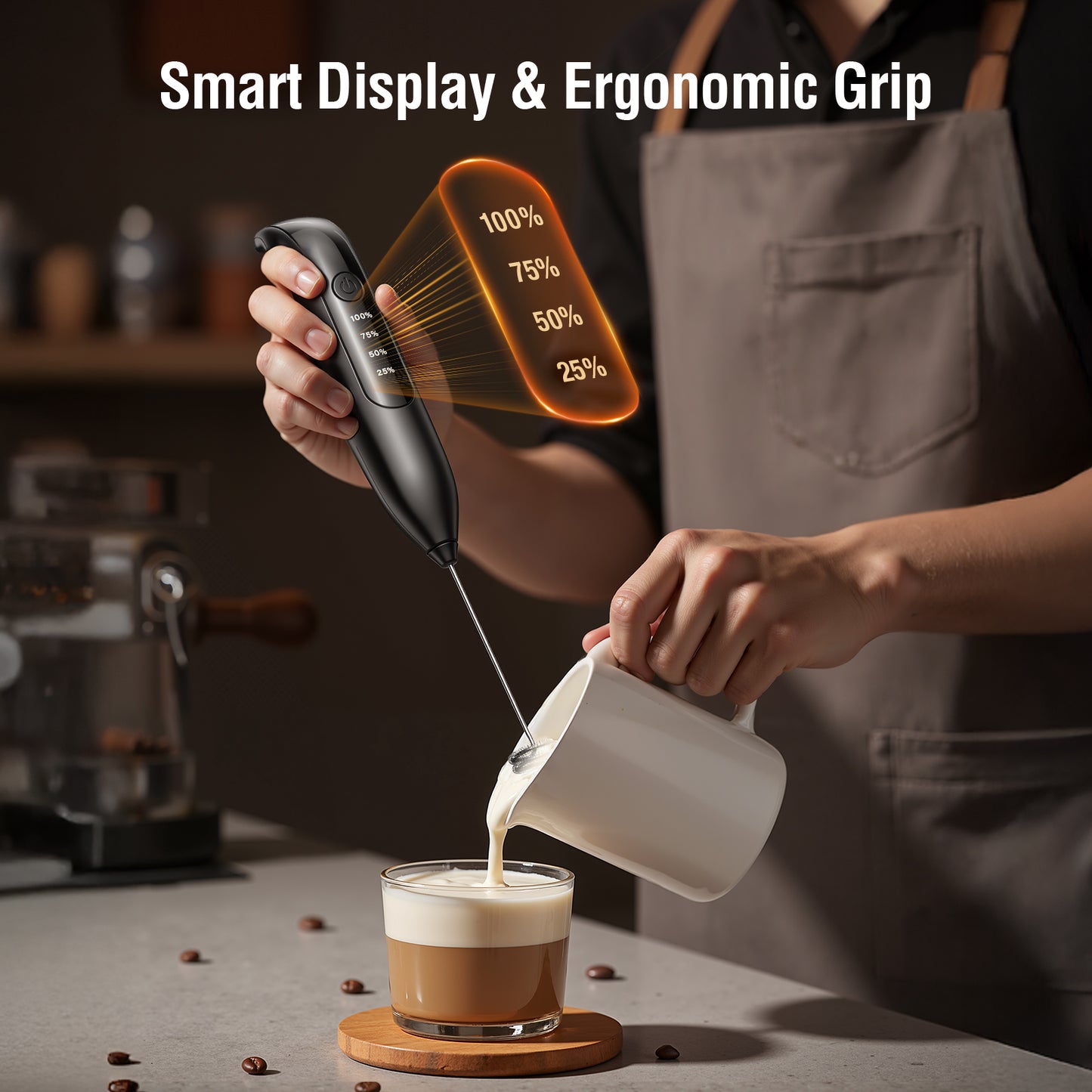 Skdwakiz Milk Frother Handheld Rechargeable, 3 Heads 3 Speeds Portable Frother Wand with LED Digital Display & Magnetic Stand, Stainless Steel Electric Whisk Foam Maker for Coffee, Lattes, Cappuccino