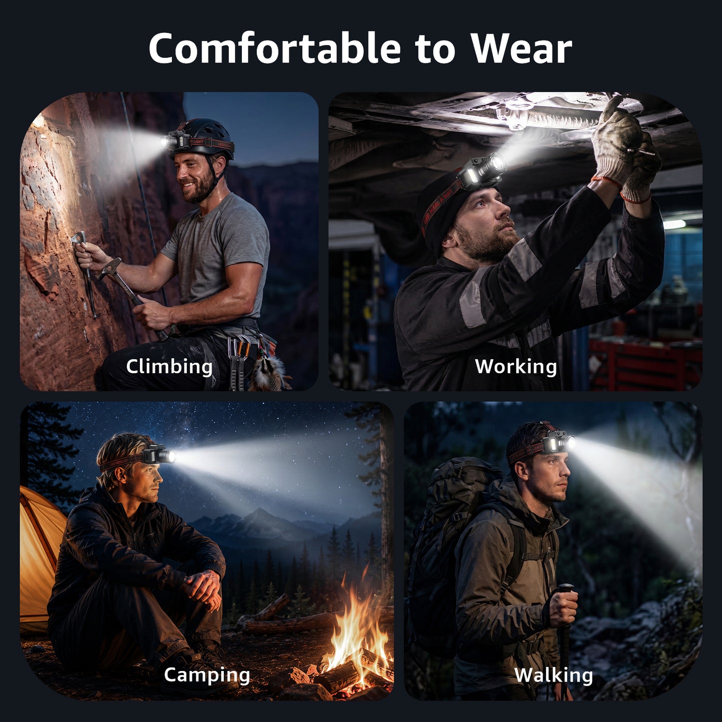 Skdwakiz Rechargeable LED Headlamp Flashlight with COB Side Light, 5 Modes Hands-Free Head Lamp with Adjustable Focus | Motion Sensor | Power Bank Function for Camping, Hiking, Repair