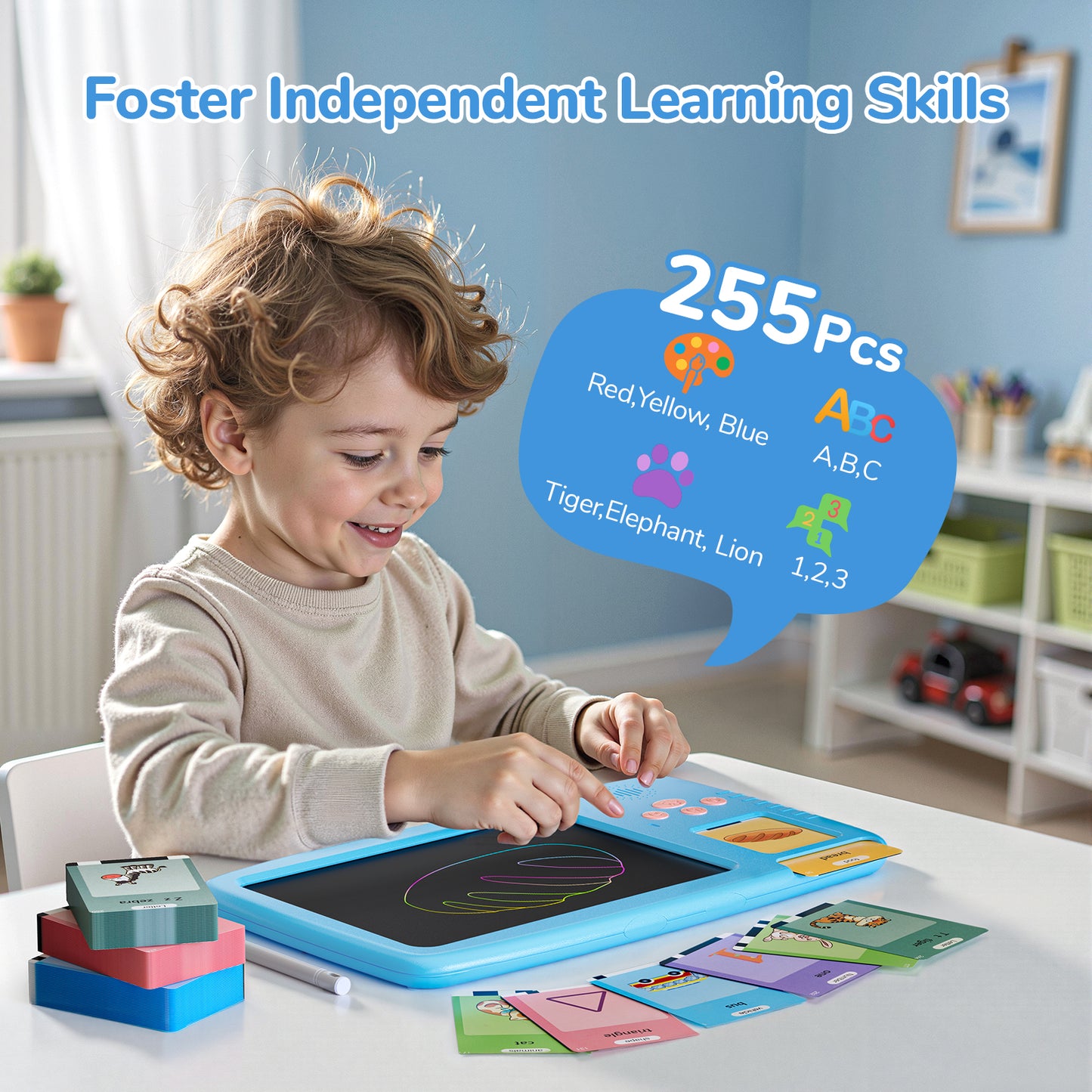 Skdwakiz 510 Sight Words Talking Flash Cards with LCD Writing Tablet for Toddlers, Kids Montessori Language Learning Toys with 255 Cards for Boys Girls Birthday Gifts, Blue