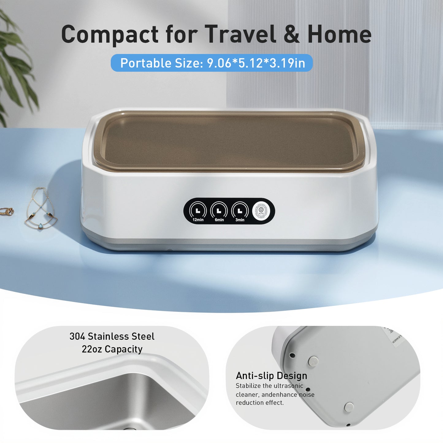 KOPEXY Ultrasonic Jewelry Cleaner, 50KHz Ultrasonic Cleaner Machine for Jewelry, Rings, Glasses, Watch Strap, 3 Cleaning Modes with Digital Timer, 22oz, 304 Stainless Steel Water Tank