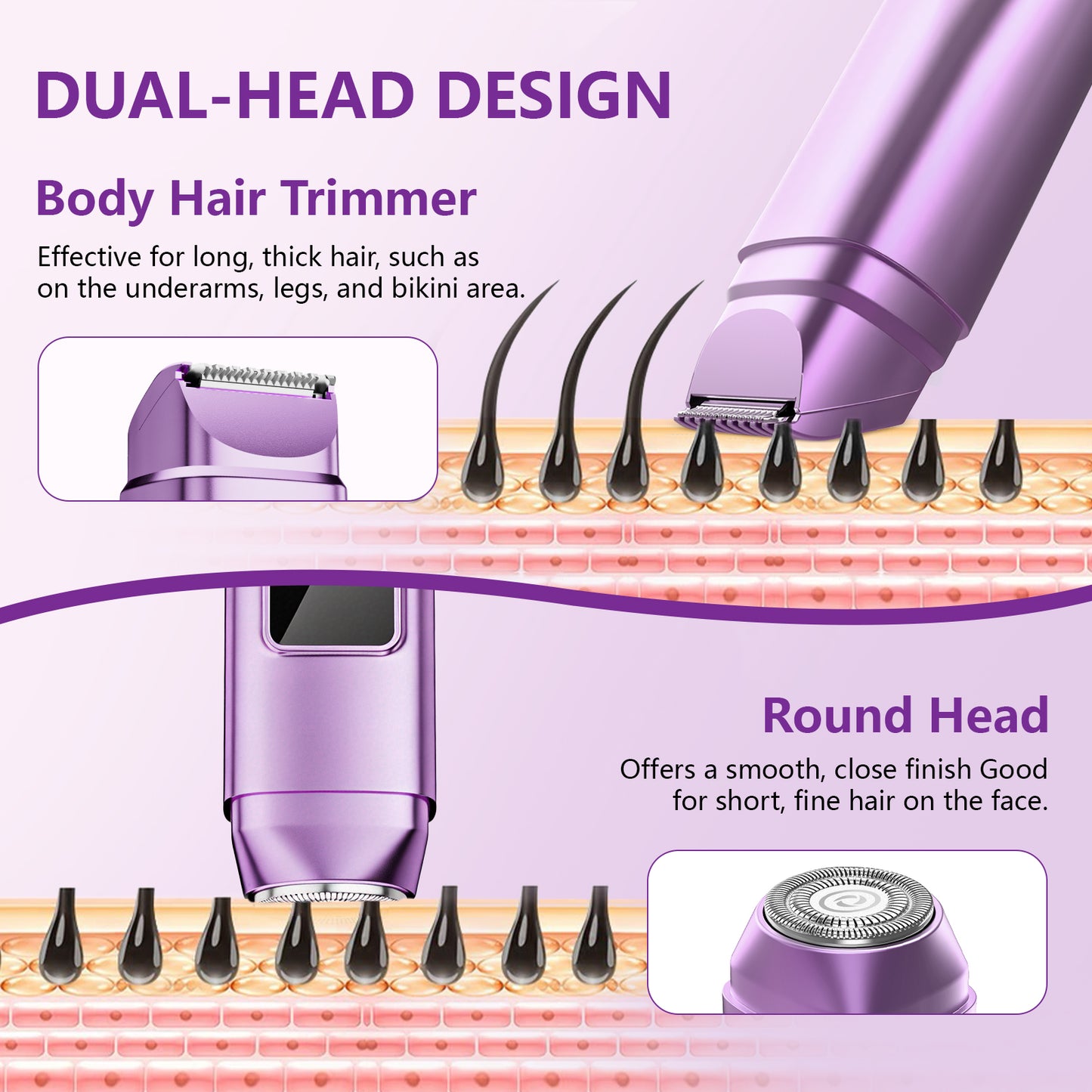 Nogroa Bikini Trimmer for Women, 2-in-1 Womens Electric Razor with Dual Heads, IPX7 Waterproof Wet & Dry Body Pubic Hair Trimmer, Portable Cordless Lady Shaver for Face, Lip, Underarm & Legs, Purple