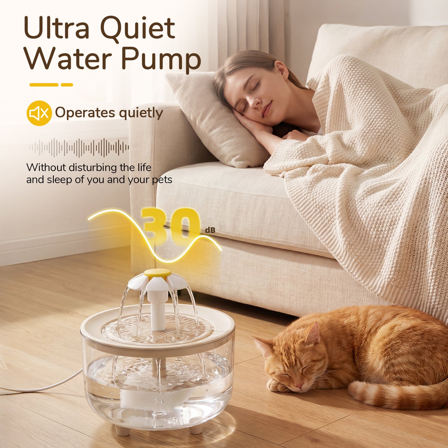 Skdwakiz 1.5L/51oz Cat Water Fountains for Drinking: Low Noise Automatic Pet Water Dispenser with 2 Water Flow Mode & Anti-Dry Burn - Cute Flower Shape Water Bowl for Cats and Dogs, Clear