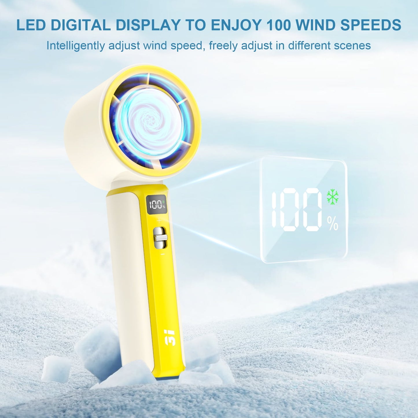 Portable Handheld Fan, 100 Speed Electric Personal Fan Rechargeable with LED Display and Ice Sense Chip to Ice High-Speed Mini Turbo Fan for Outdoor Home