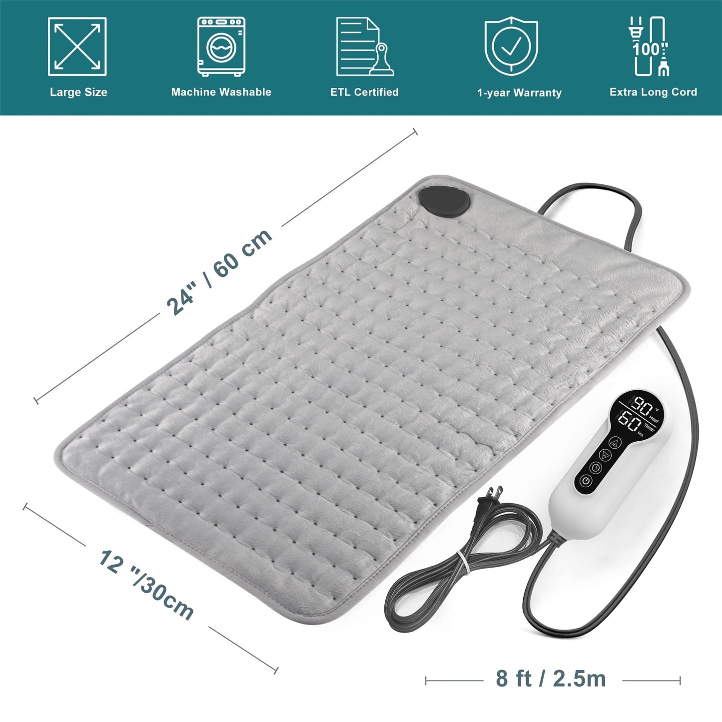 TCVOR Deluxe Flannel Heating Pad for Deep Heat and Comfort, 12" x 24" Electric Heating Pad with 6 Heat Settings, 4 Timer Auto Safety Shut Off, Machine Washable, Dry and Moist Heat Option