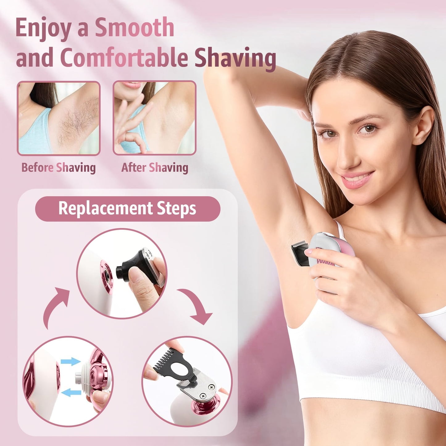Nogroa Electric Razors for Women, 7D IPX6 Waterproof Cordless Body Electric Head Shaver, 5 in 1 Pink Bikini Trimmer Hair Epilator for Legs Body Face