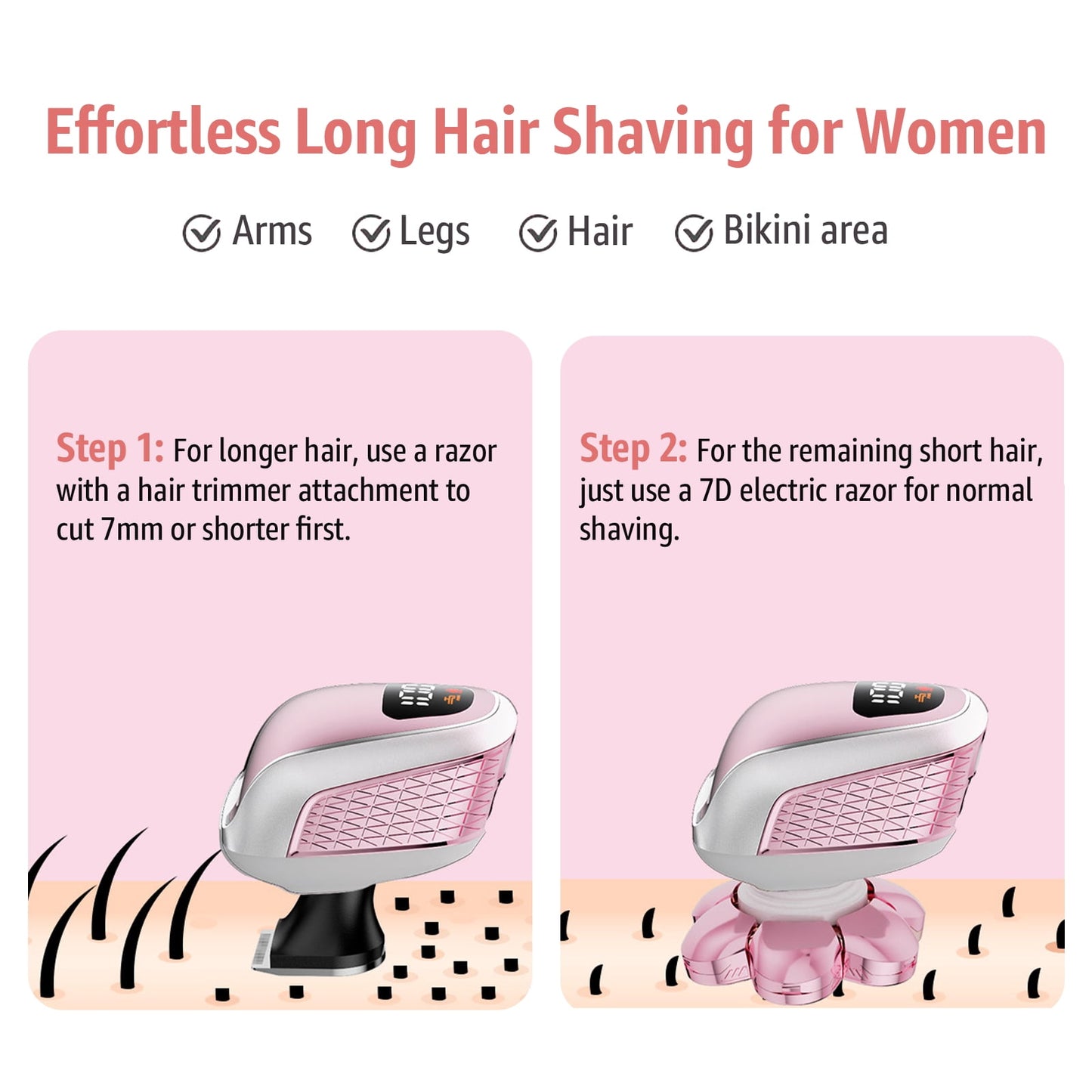 Nogroa Electric Razors for Women, 7D IPX6 Waterproof Cordless Body Electric Head Shaver, 5 in 1 Pink Bikini Trimmer Hair Epilator for Legs Body Face