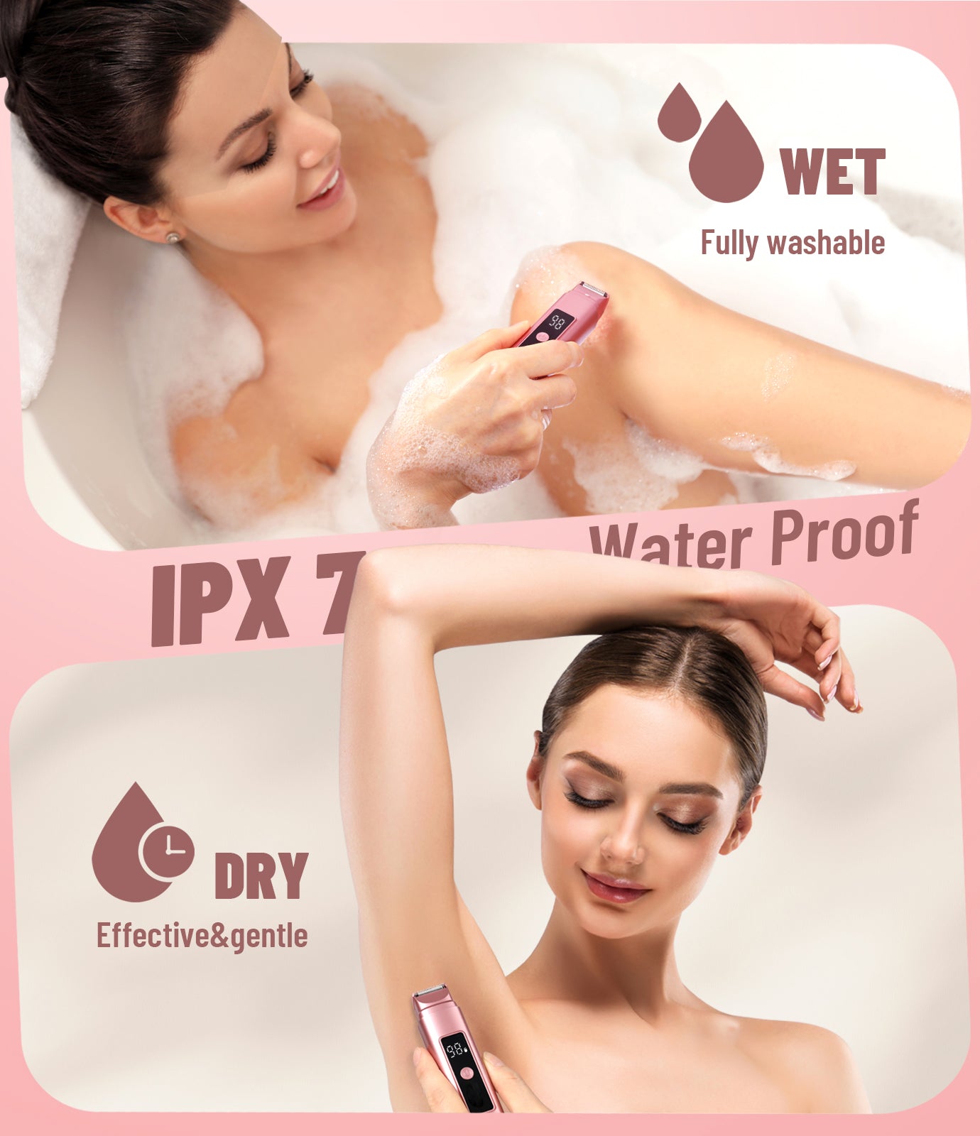 Nogora 2 in 1 Women Electric Shaver, Dual Head Bikini Trimmer for Women, IPX7 Waterproof Wet & Dry Body Pubic Hair Trimmer, Cordless Lady Electric Razor for Face, Underarm & Legs, Pink