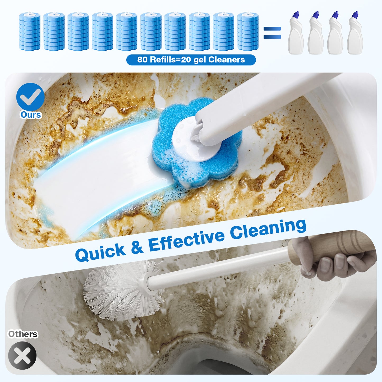 Skdwakiz 80 Pcs Toilet Bowl Wand Refills: Disposable Toilet Scrubber Refill, Universal Replacement Brush Heads & Cleaning Pads for Toilet, Urinal, Bathtub & Wash Basin