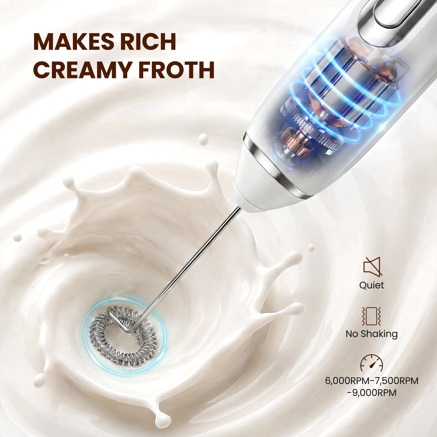 Arenviy Milk Frother, Rechargeable Handheld Milk Frother Wand, 3 Whisks 3 Speeds Electric Whisk with Storage Box, Drink Mixer with Stainless Steel Whisk for Coffee, Latte, Cappuccino, Hot Chocolate