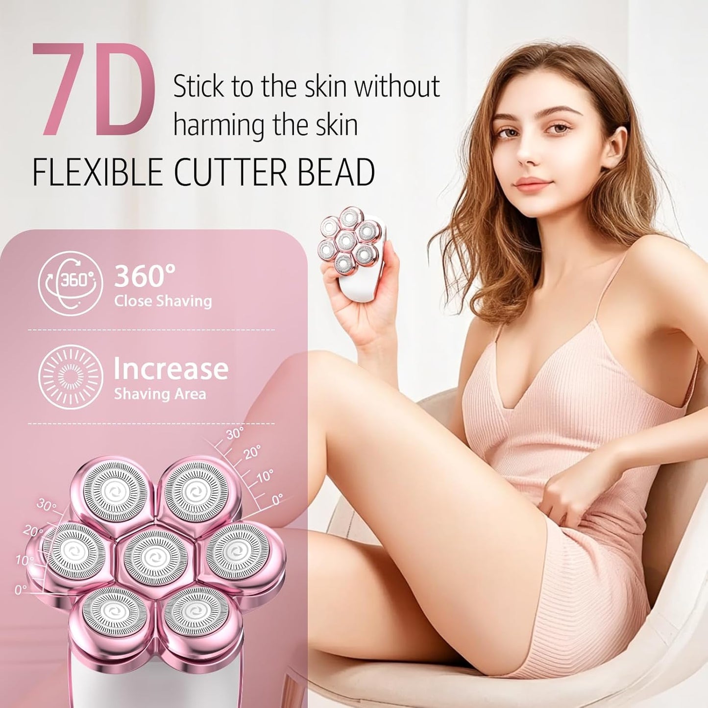 Skdwakiz Electric Razor for Women Legs, 5-in-1 7D Rechargeable Cordless Body Head Shaver, IPX6 Waterproof Wet/Dry Bikini Trimmer Hair Epilator, Trimmer for Lady Face Underarms Pubic, Pink