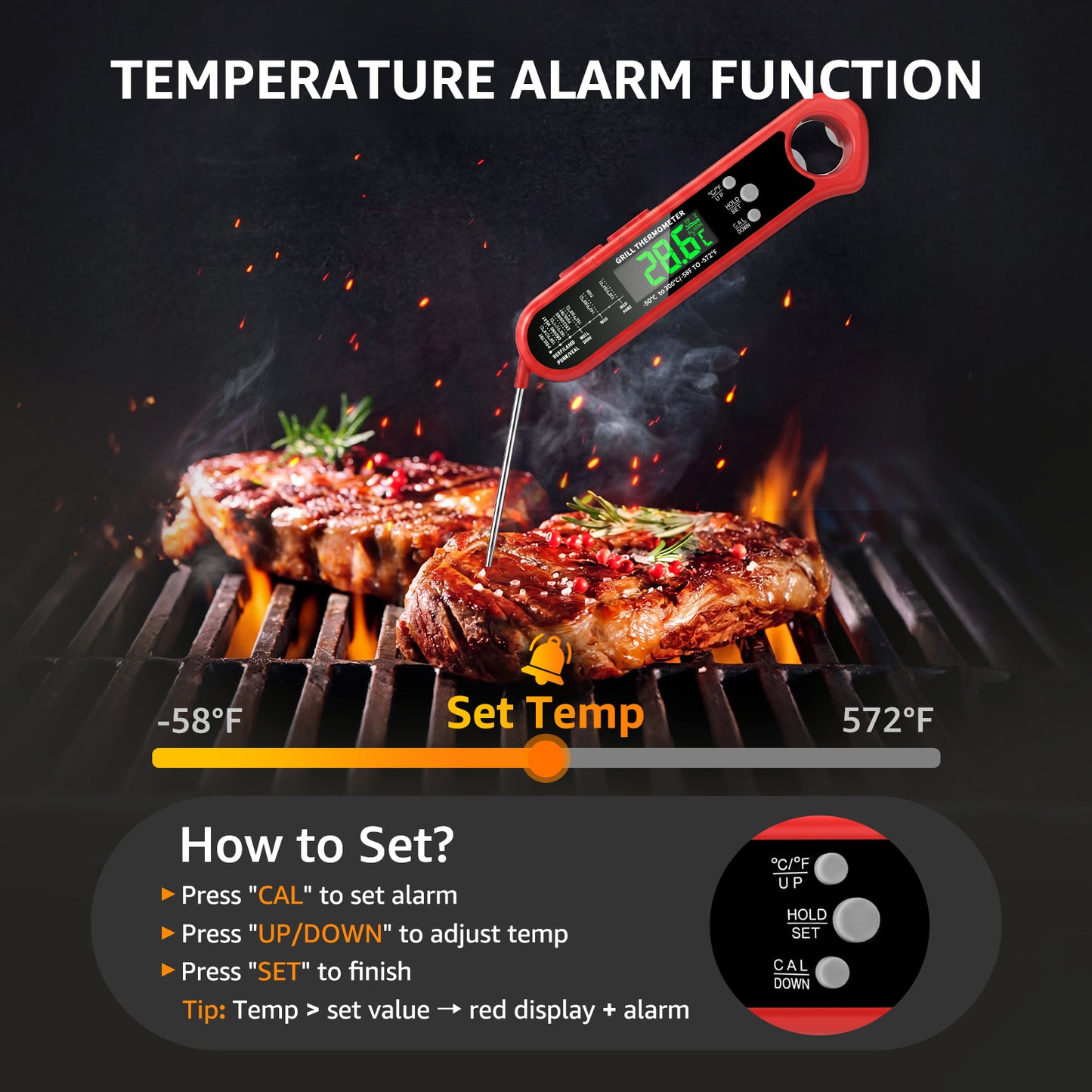 Arenviy Meat Thermometer Digital, Dual Probe Instant Read Food Thermometer with Bottle Opener for BBQ Grilling Cooking, Large LCD Screen, Temp Alarm