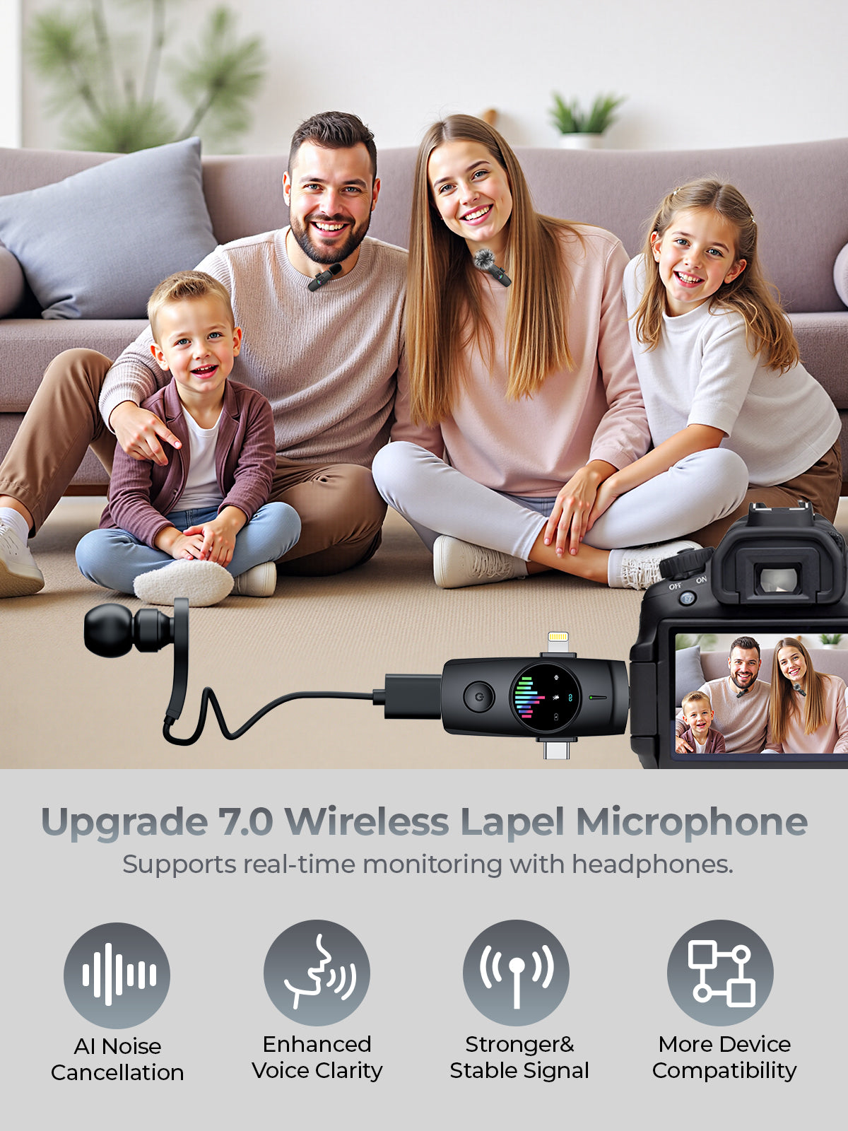 Skdwakiz 3 in 1 Wireless Lavalier Microphone: Professional Mini Mic for iPhone, Android, Camera - Lapel Microphone with Noise Canceling/Plug and Play/Real-Time Monitoring for Video Recording