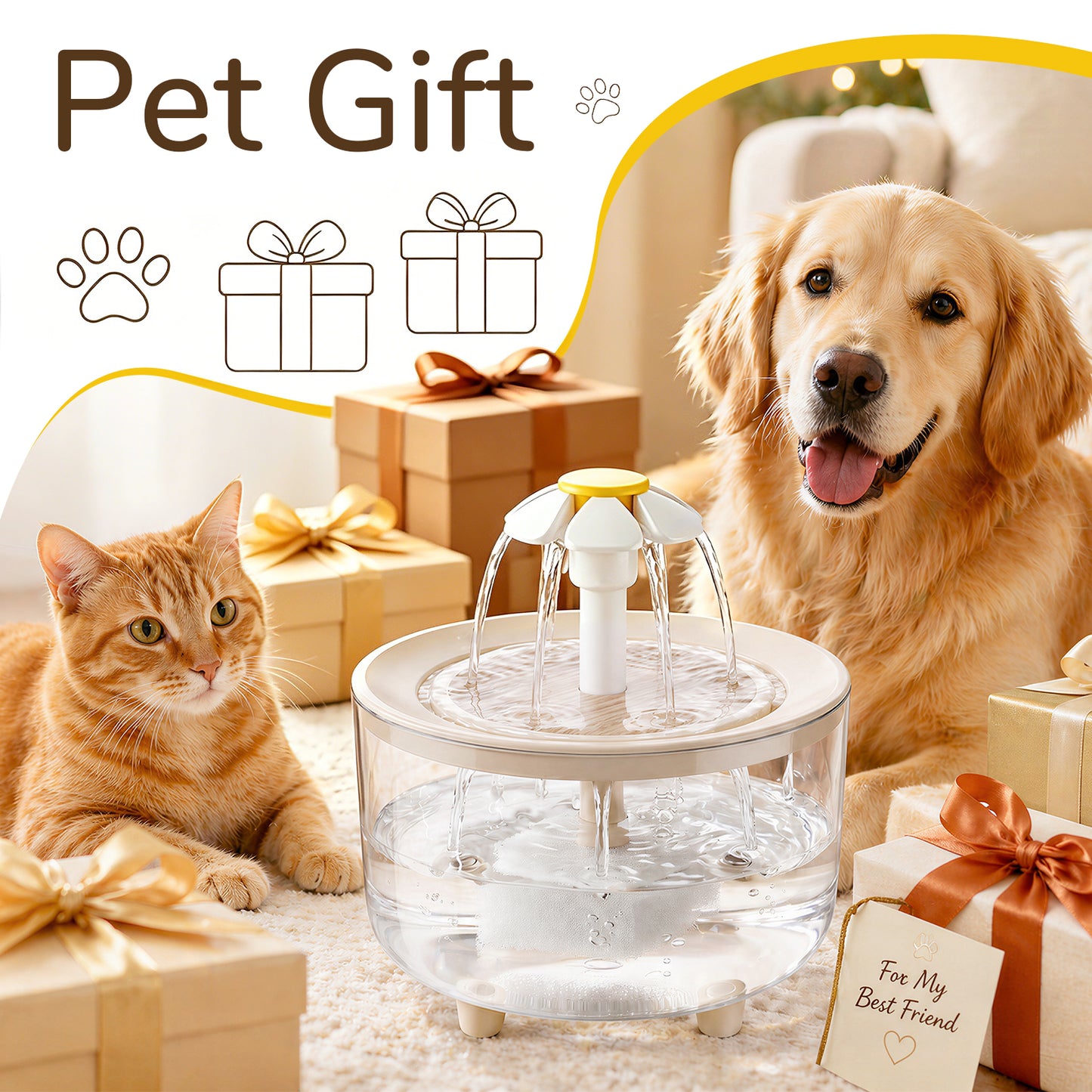 Skdwakiz 1.5L/51oz Cat Water Fountains for Drinking: Low Noise Automatic Pet Water Dispenser with 2 Water Flow Mode & Anti-Dry Burn - Cute Flower Shape Water Bowl for Cats and Dogs, Clear