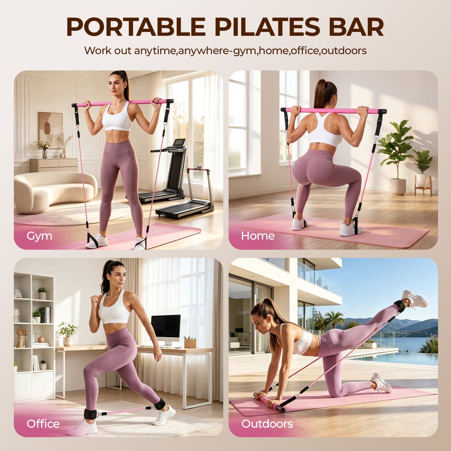 Pilates Bar Kit with Resistance Bands, Adjustable 3-Section Pilates Bar Kit, Stackable Bands Workout Equipment, Suitable for Arms, Waist, Hips & Legs, Home Exercise Fitness Equipment for Women & Men