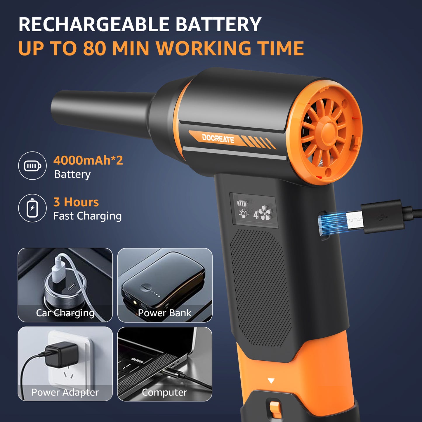 Skdwakiz Compressed Air Duster, 130000RPM Air Duster and Vacuum 2 in 1, Rechargeable Mini Blower with LED Light, 4 Gear Adjustable Cordless Electric Air Duster for Keyboard/Car/Outdoor & House
