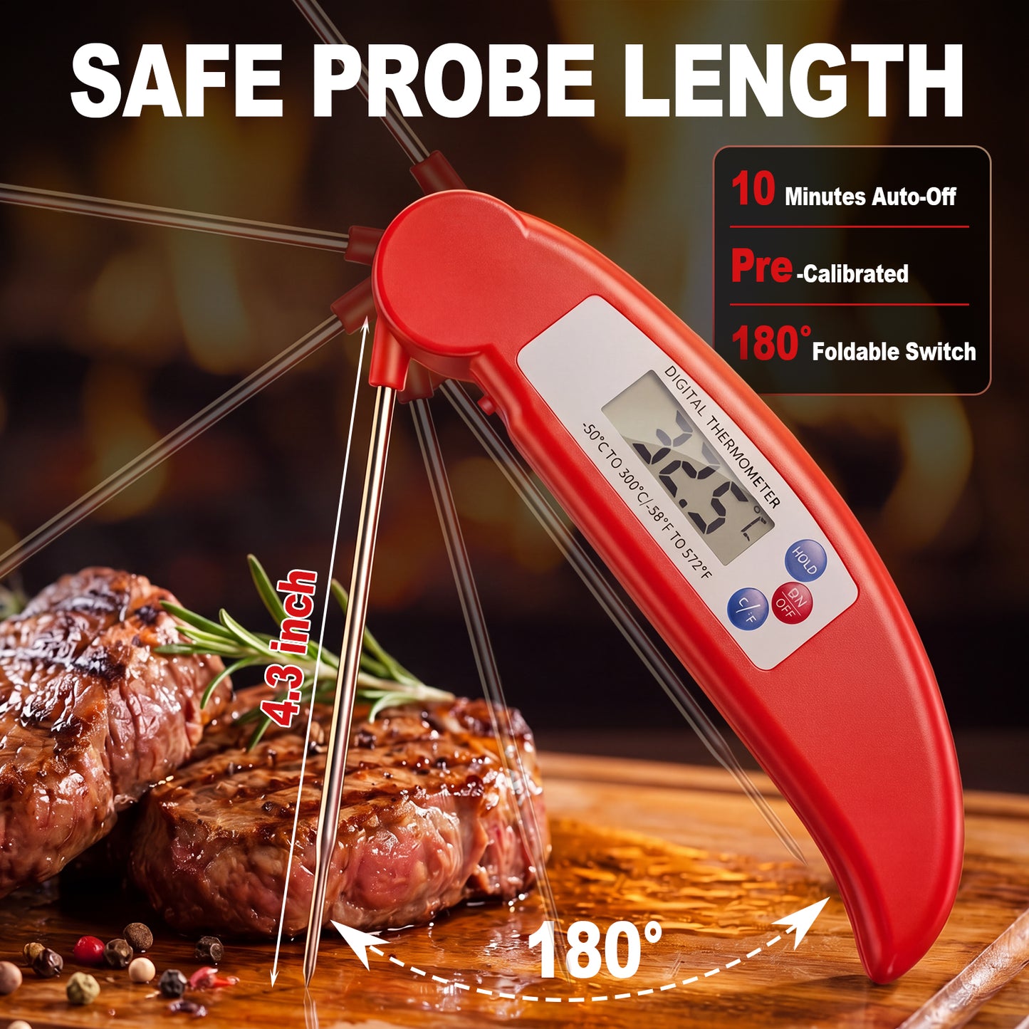 Arenviy Digital Meat Thermometer for Cooking, Instant Read Food Thermometer for Grill, BBQ & Kitchen, Foldable, 4.3-inch Probe