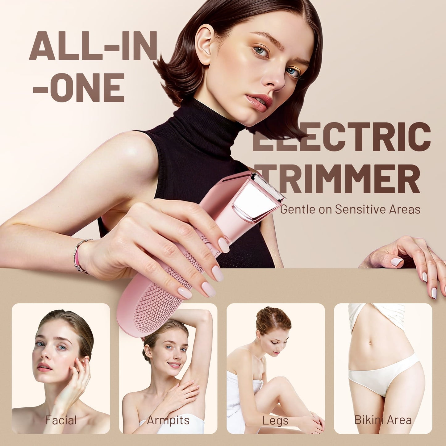Bikini Trimmer for Women, Electric Razors, Cordless Shaver with Ceramic Blade, IPX7 Waterproof Lady Facial Razor, Portable Rechargeable Body Pubic Hair Trimmer, Idea for Face, Underarm & Legs