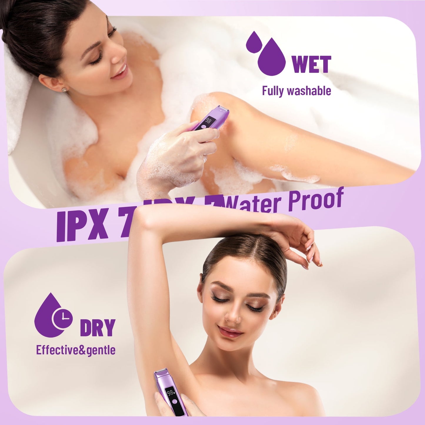 Nogroa Bikini Trimmer for Women, 2-in-1 Womens Electric Razor with Dual Heads, IPX7 Waterproof Wet & Dry Body Pubic Hair Trimmer, Portable Cordless Lady Shaver for Face, Lip, Underarm & Legs, Purple