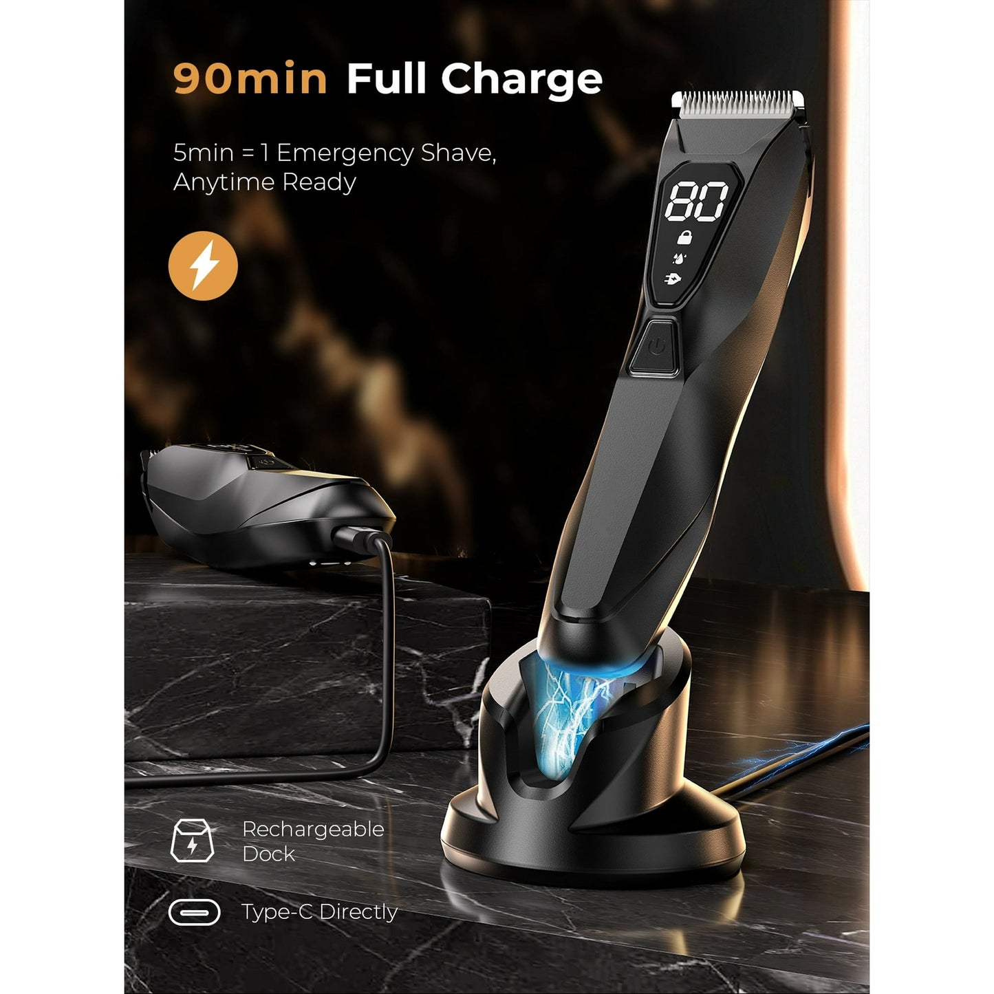 Nogroa Electric Body Hair Trimmer, Groin Trimmer for Men with LCD Display & LED Light, IPX7 Waterproof Ball Shaver Pubic Hair Groomer with Ceramic Blade, USB Recharge Dock, Cordless, 3 Combs