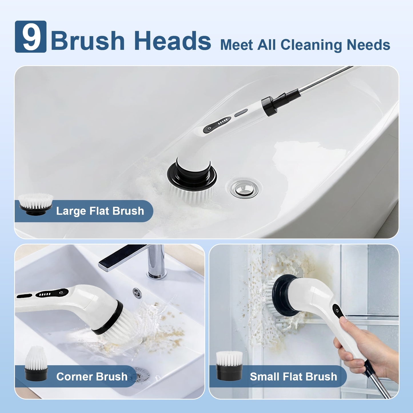 Skdwakiz Electric Spin Scrubber, Cordless Cleaning Brush with Long Handle & 9 Replaceable Heads, Power Shower Scrubber for Bathroom, Bathtub & Tile Floor
