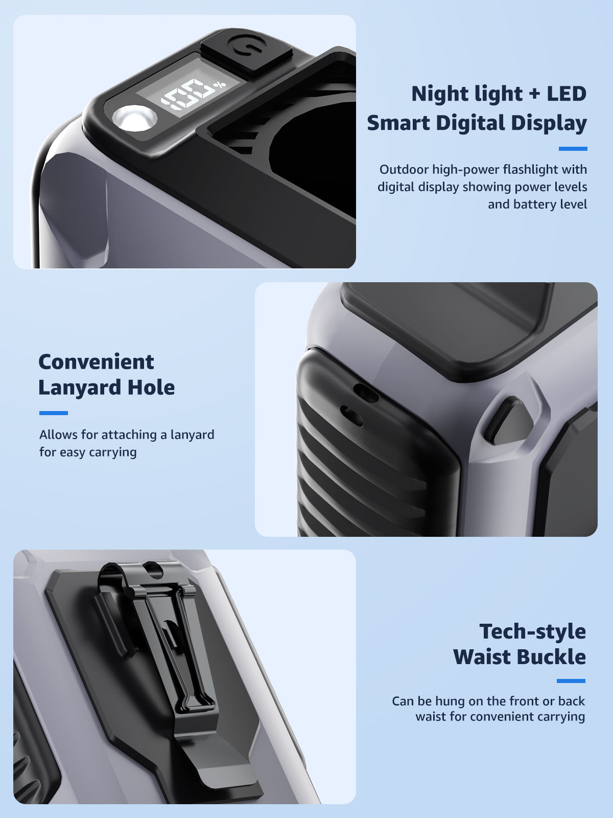 Portable Waist Fan: 100 Speeds Personal Clip on Wearable Belt Fan with Flashlight and Lanyard, Rechargeable Battery Operated Hands-Free Neck Fan for Outdoor Camping Travel