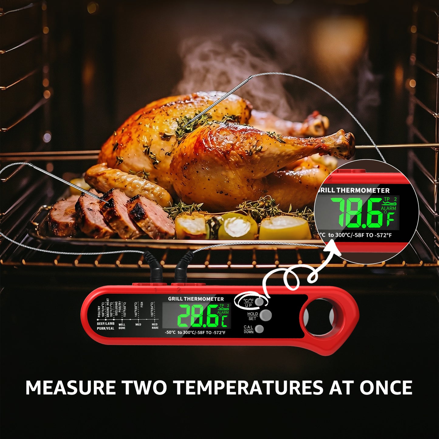 Arenviy Meat Thermometer Digital, Dual Probe Instant Read Food Thermometer with Bottle Opener for BBQ Grilling Cooking, Large LCD Screen, Temp Alarm
