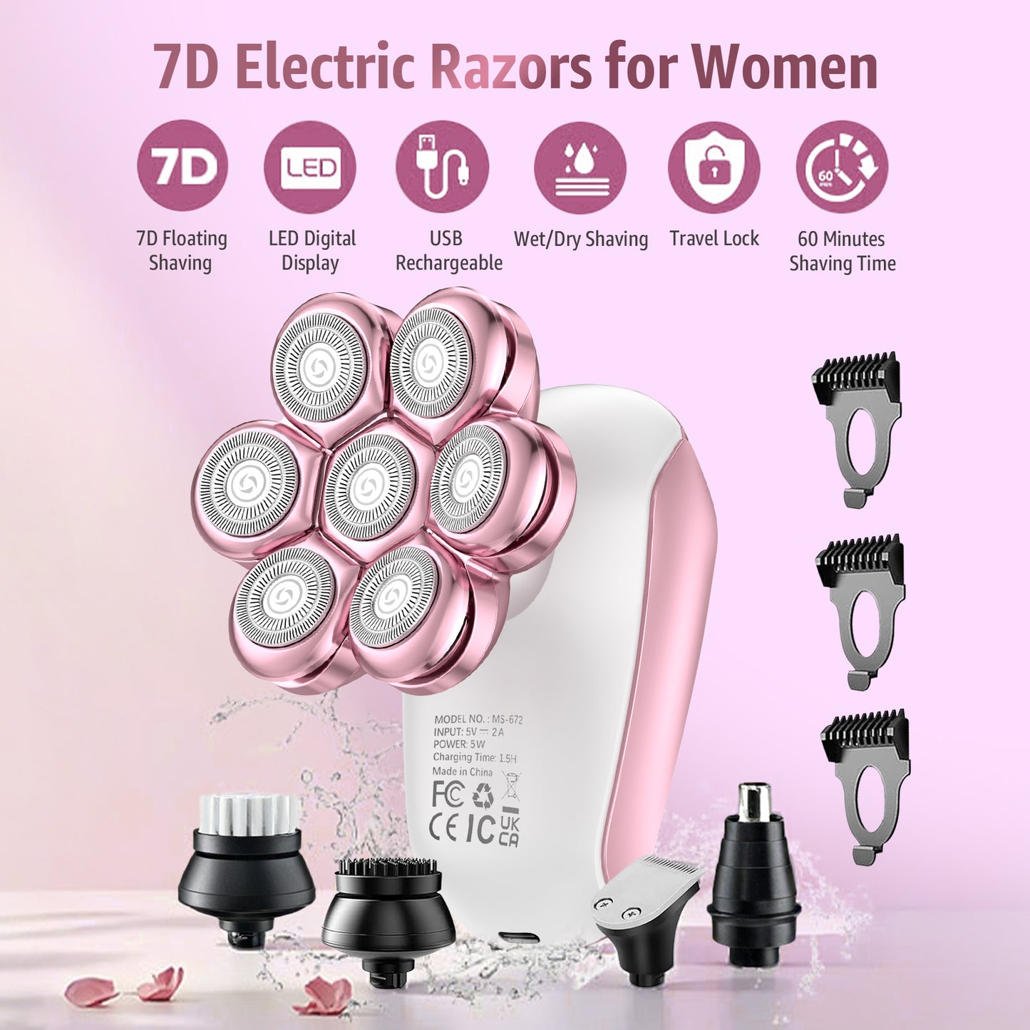 Skdwakiz Electric Razor for Women Legs, 5-in-1 7D Rechargeable Cordless Body Head Shaver, IPX6 Waterproof Wet/Dry Bikini Trimmer Hair Epilator, Trimmer for Lady Face Underarms Pubic, Pink