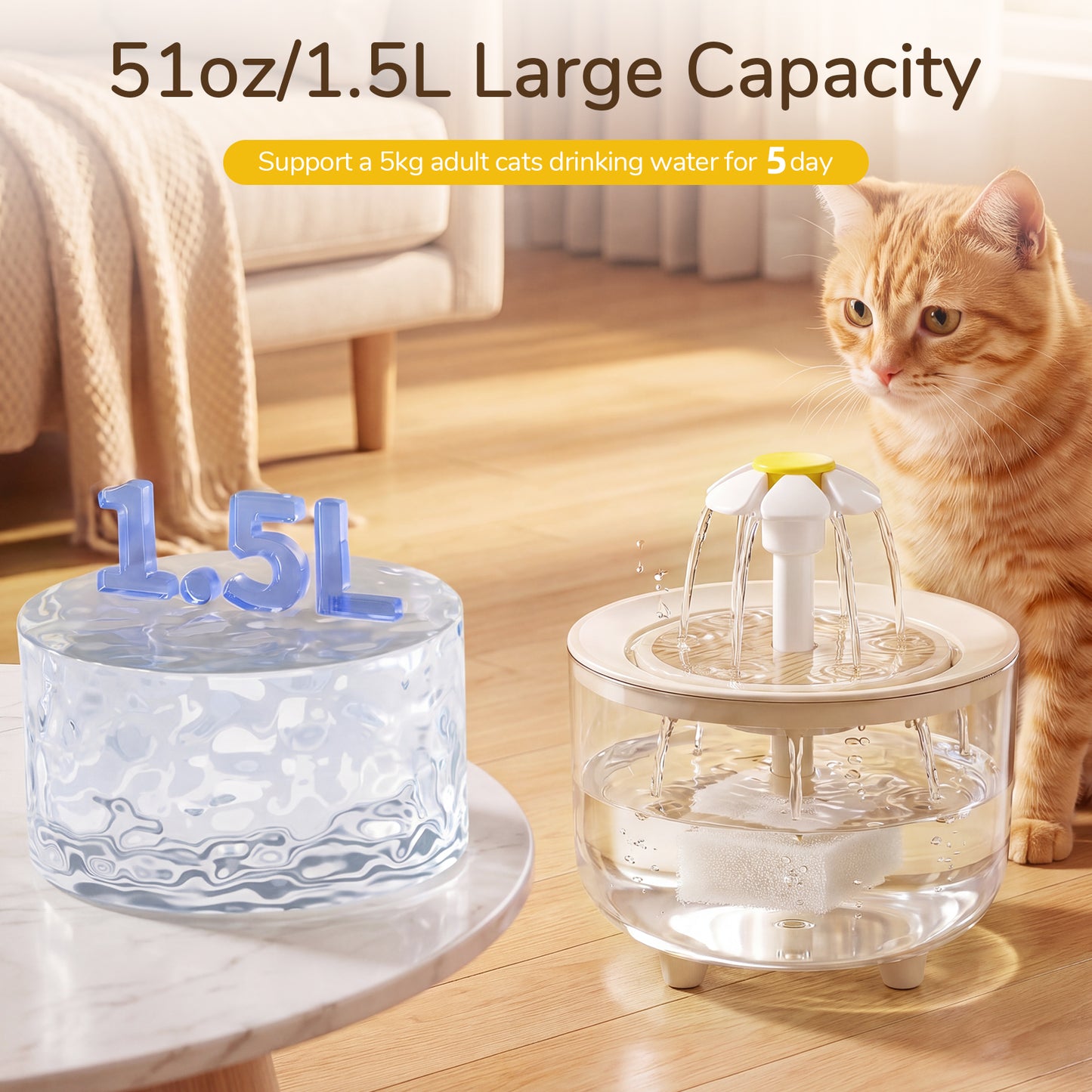 Skdwakiz 1.5L/51oz Cat Water Fountains for Drinking: Low Noise Automatic Pet Water Dispenser with 2 Water Flow Mode & Anti-Dry Burn - Cute Flower Shape Water Bowl for Cats and Dogs, Clear