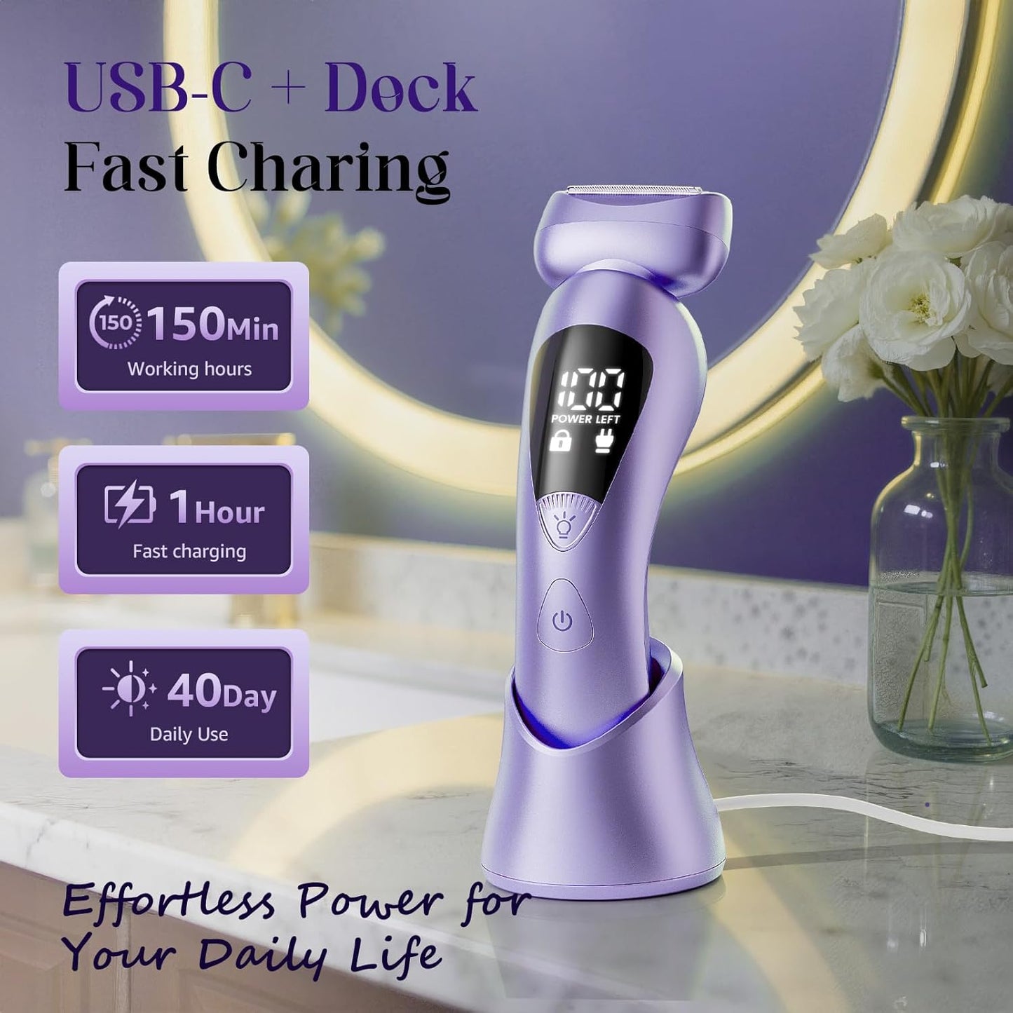 Skdwakiz Electric Razors for Women Cordless, 2-in-1 Womens Electric Shaver, IPX7 Waterproof Wet Dry Body Pubic Hair Trimmer, Rechargeable Bikini Trimmer, Lady Shaver for Face, Underarm & Legs