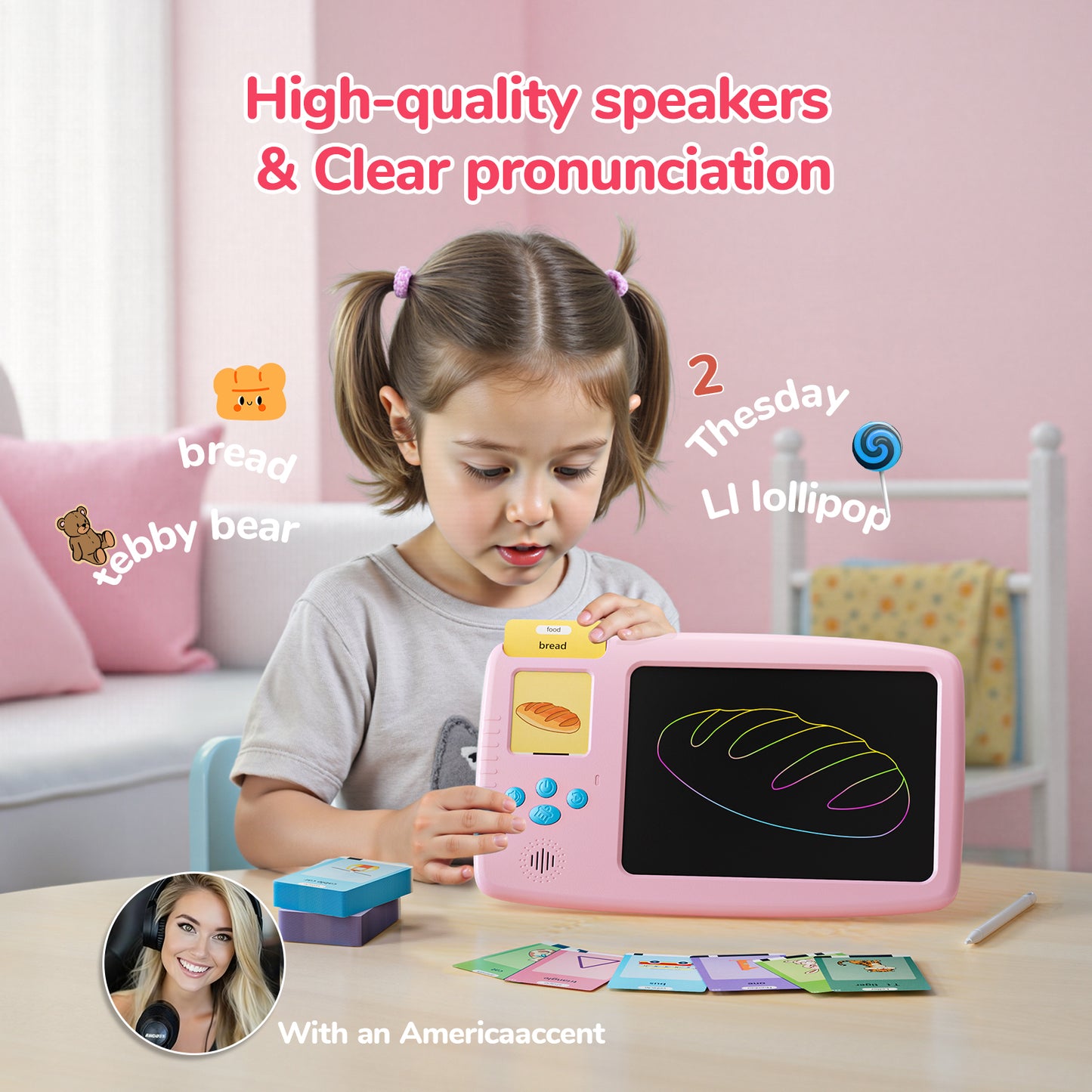 Skdwakiz 510 Sight Words Talking Flash Cards with LCD Writing Tablet for Toddlers, Kids Montessori Language Learning Toys with 255 Cards for Boys Girls Birthday Gifts, Pink