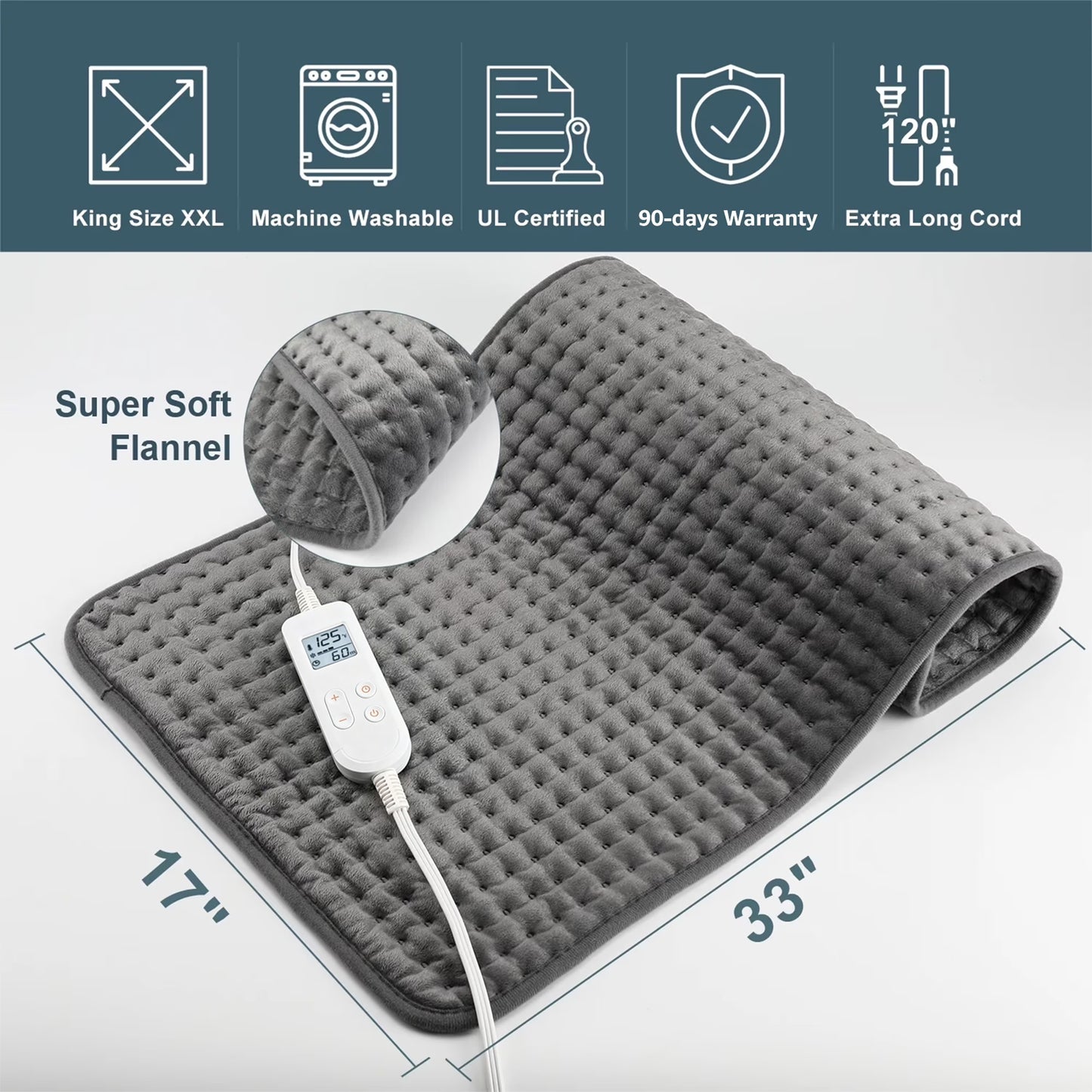 TCVOR Extra Large Heating Pad for Deep Heat and Comfort, 17" x 33" Super Soft Flannel Electric Heating Pad with 6 Heat Settings, 6 Timer Auto Shut Off, Machine Washable