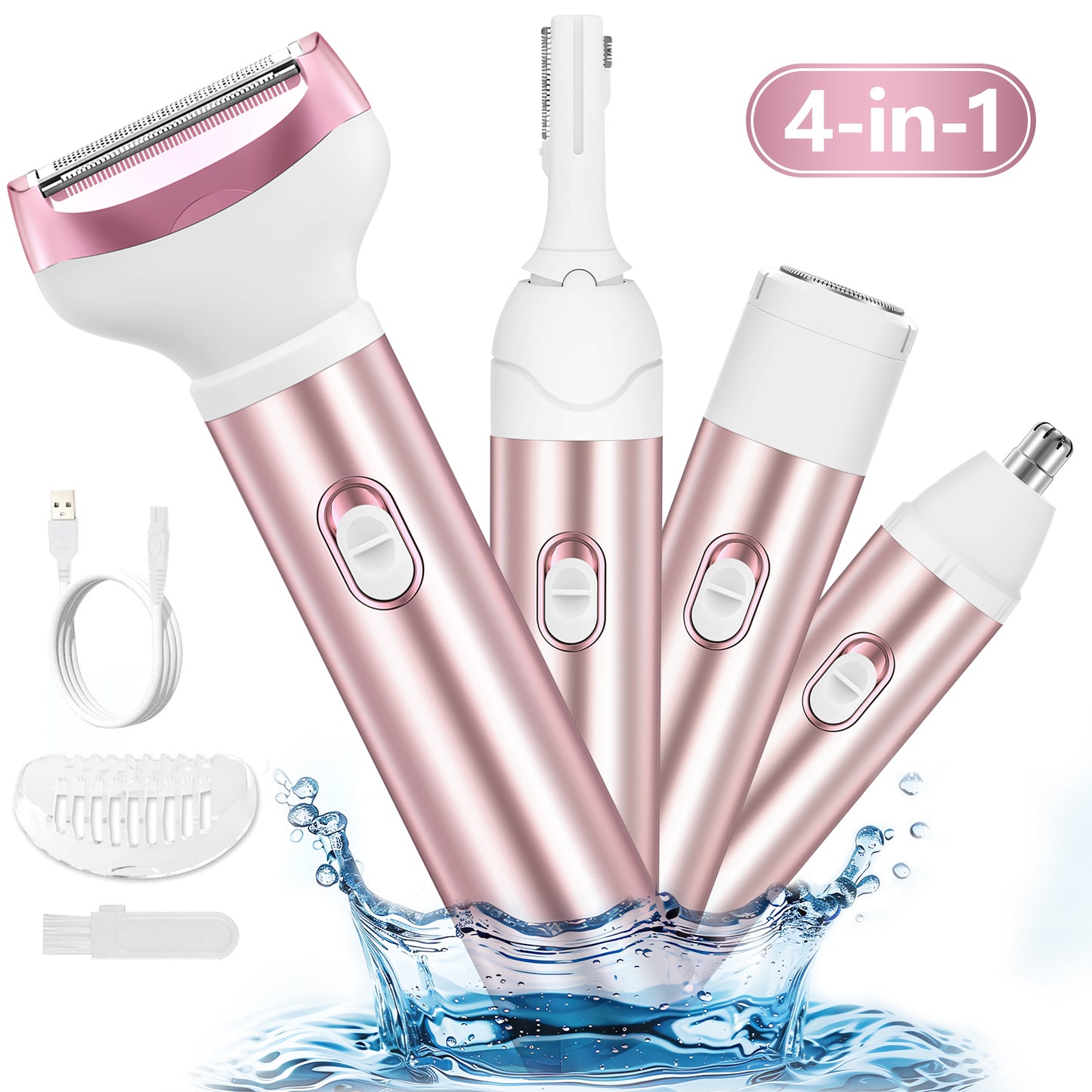 Electric Razor for Women, 4 in 1 Cordless Electric Shaver Set - USB Rechargeable - Wet & Dry Portable Lady Hair Remover, Replaceable Face Shaver & Bikini Trimmer for Underarm Nose Eyebrow Arms Legs