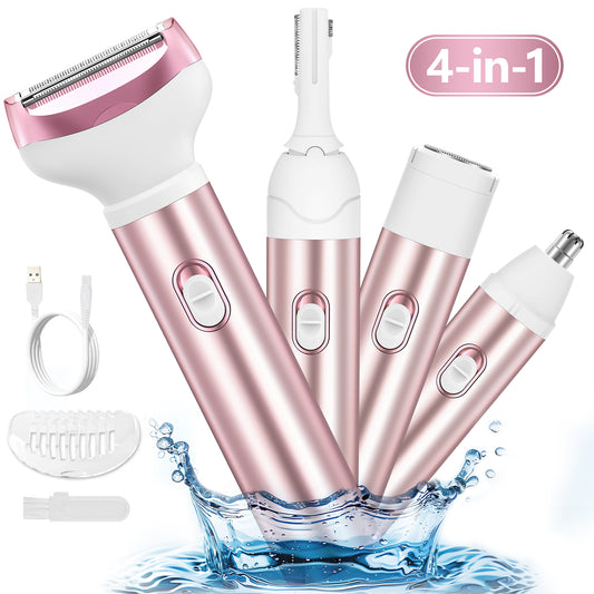 Electric Razor for Women, 4 in 1 Cordless Electric Shaver Set - USB Rechargeable - Wet & Dry Portable Lady Hair Remover, Replaceable Face Shaver & Bikini Trimmer for Underarm Nose Eyebrow Arms Legs