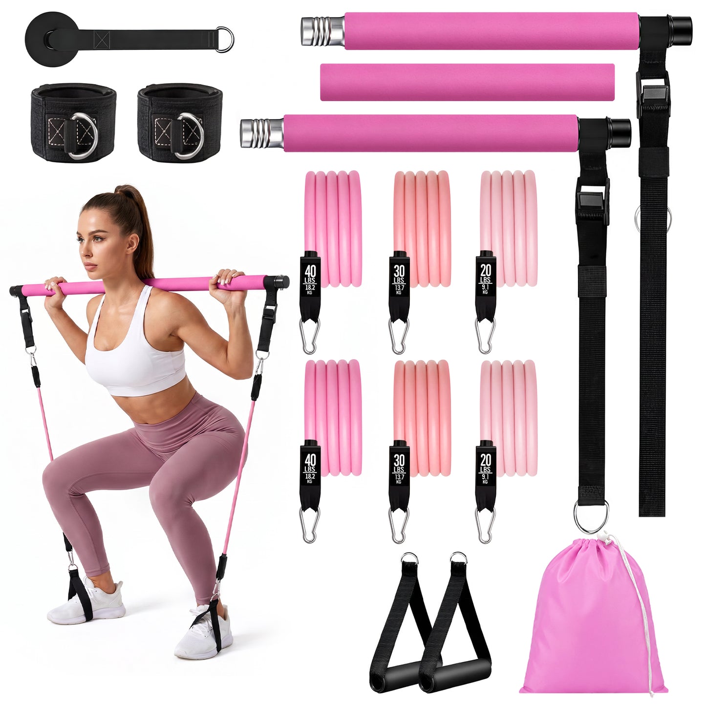 Pilates Bar Kit with Resistance Bands, Adjustable 3-Section Pilates Bar Kit, Stackable Bands Workout Equipment, Suitable for Arms, Waist, Hips & Legs, Home Exercise Fitness Equipment for Women & Men
