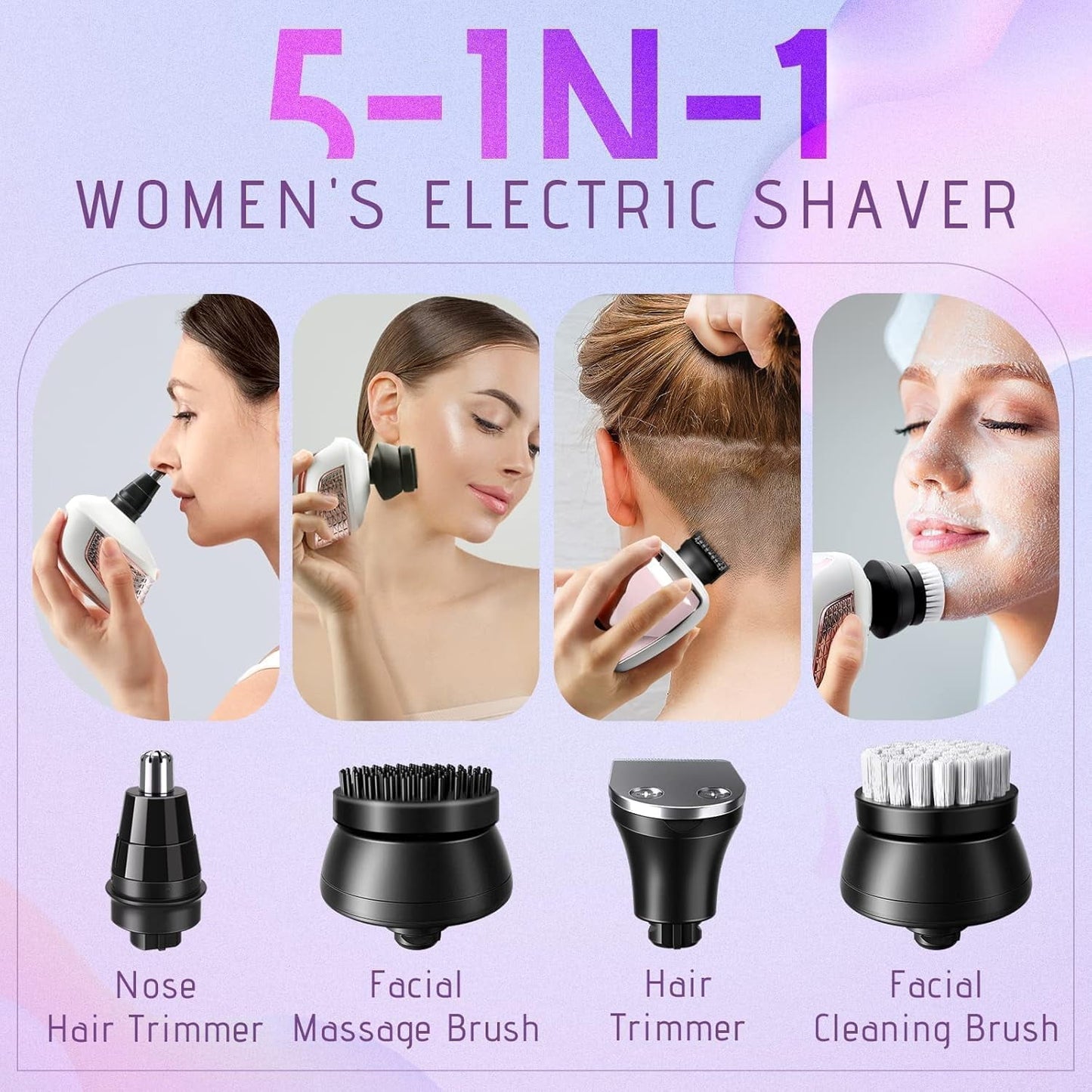 Nogroa Electric Razors for Women, 7D IPX6 Waterproof Cordless Body Electric Head Shaver, 5 in 1 Pink Bikini Trimmer Hair Epilator for Legs Body Face