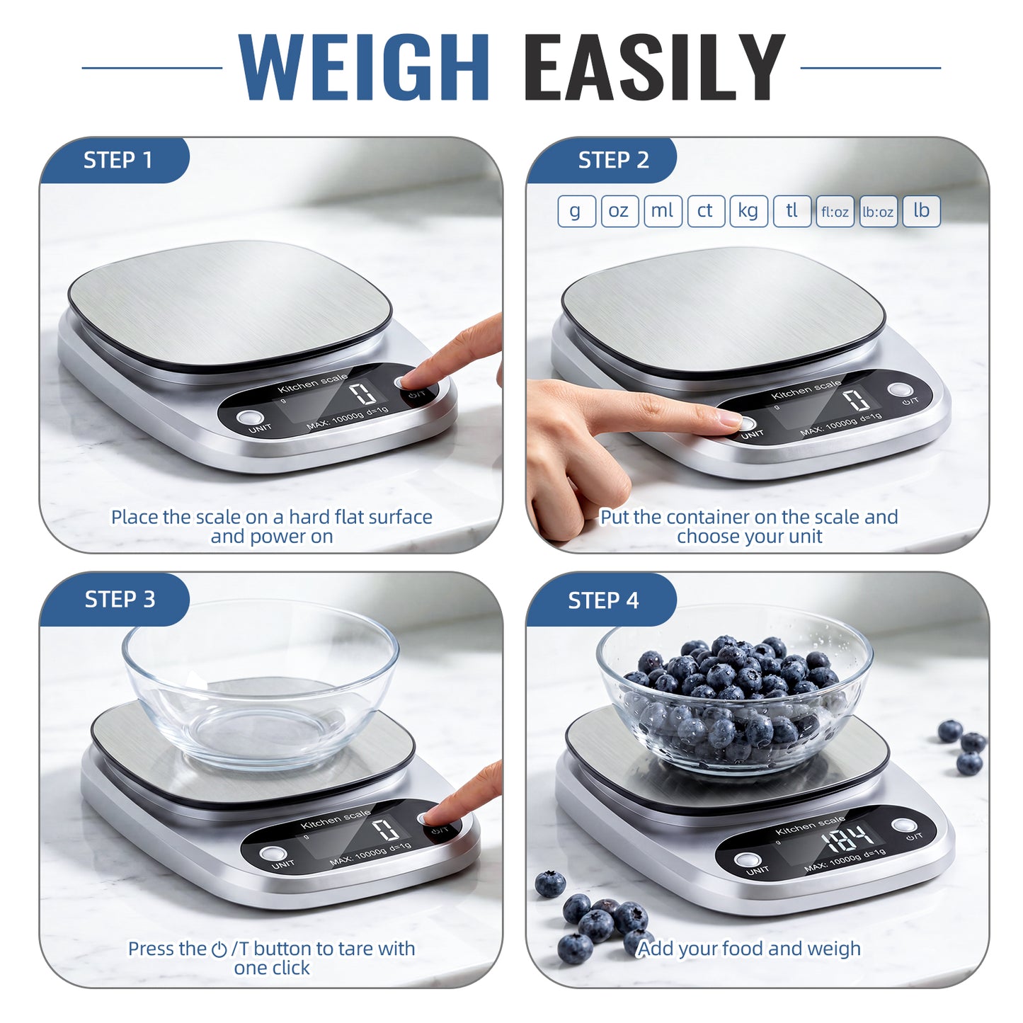 Arenviy Food Scale, 22lb Digital Kitchen Scale with 9 Units Tare Function & LCD Display, 304 Stainless Steel, Digital Grams and Ounces for Weight Loss, Baking, Cooking, Keto & Meal Prep