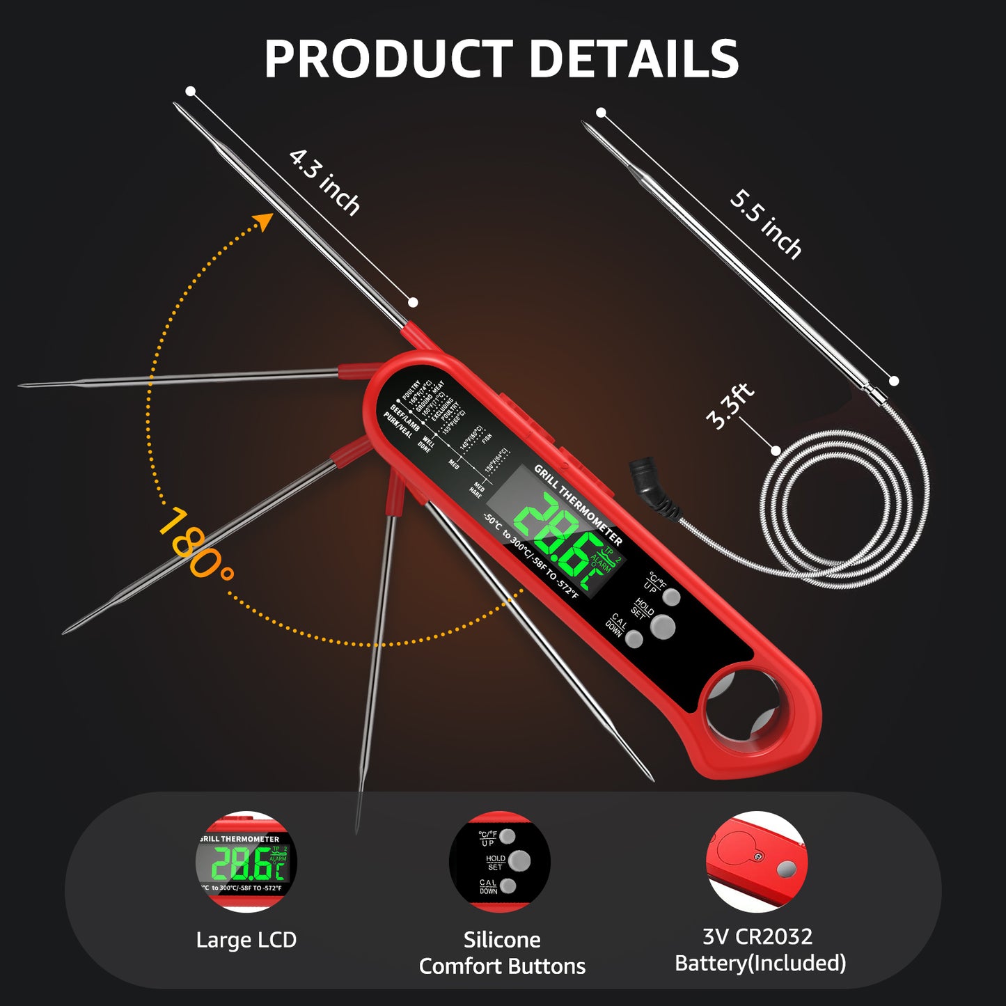 Arenviy Meat Thermometer Digital, Dual Probe Instant Read Food Thermometer with Bottle Opener for BBQ Grilling Cooking, Large LCD Screen, Temp Alarm