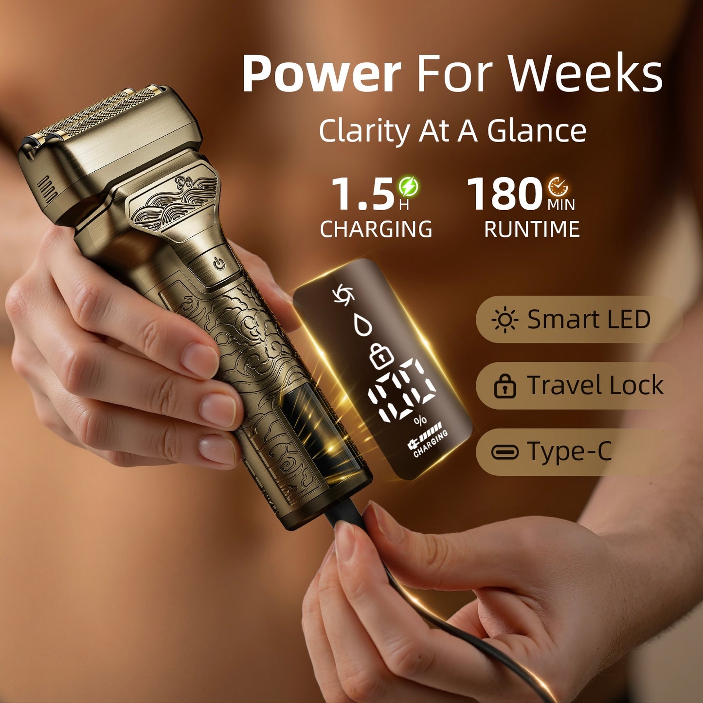 Nogroa Men's Electric Razor with Trimmer – IPX7 Waterproof Foil Shaver for Wet & Dry Use, Dual-Blade Beard Trimmer with LED Display/Non-Slip Metal Handle/Travel Lock/Fast Charging, Bronze
