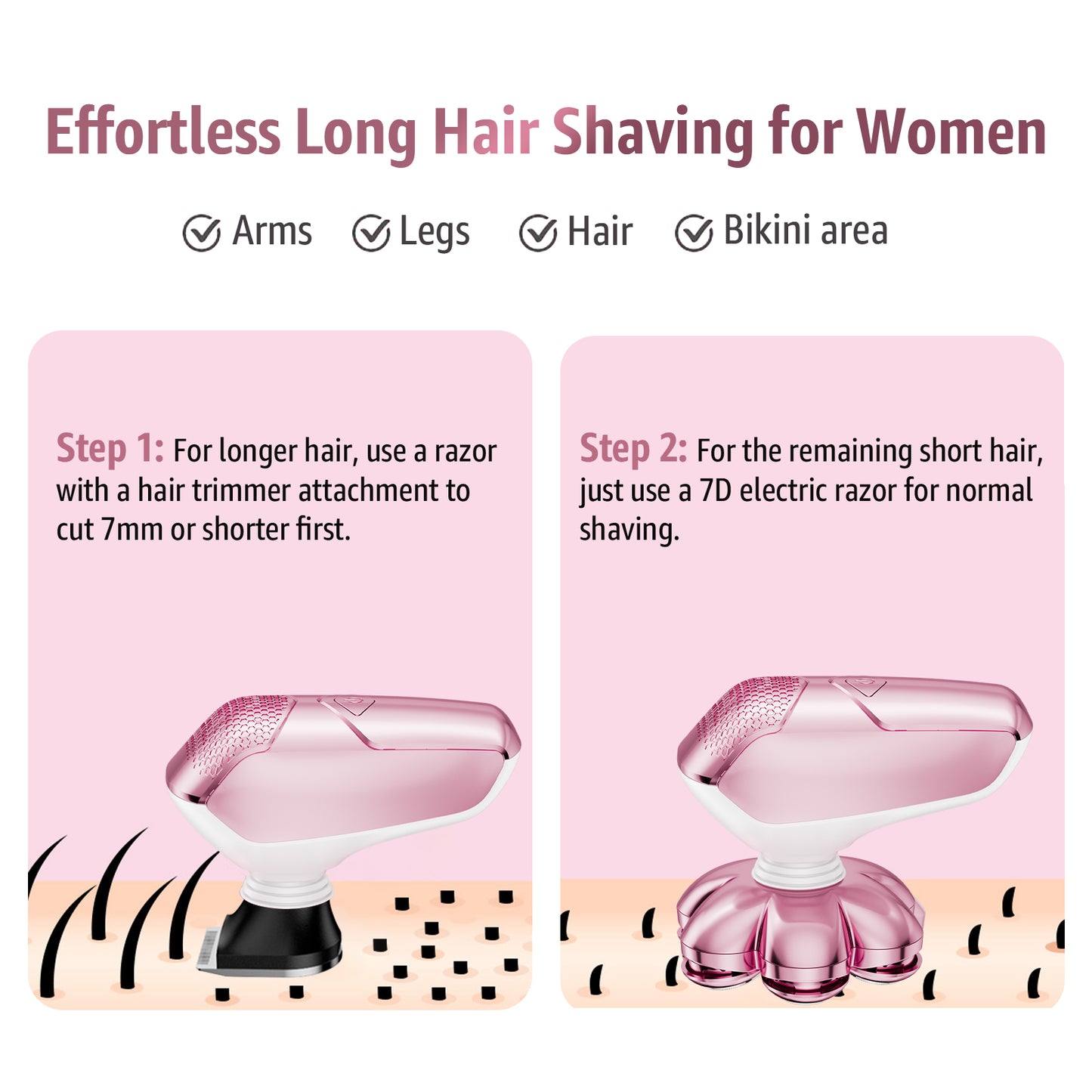Skdwakiz Electric Razor for Women Legs, 5-in-1 7D Rechargeable Cordless Body Head Shaver, IPX6 Waterproof Wet/Dry Bikini Trimmer Hair Epilator, Trimmer for Lady Face Underarms Pubic, Pink