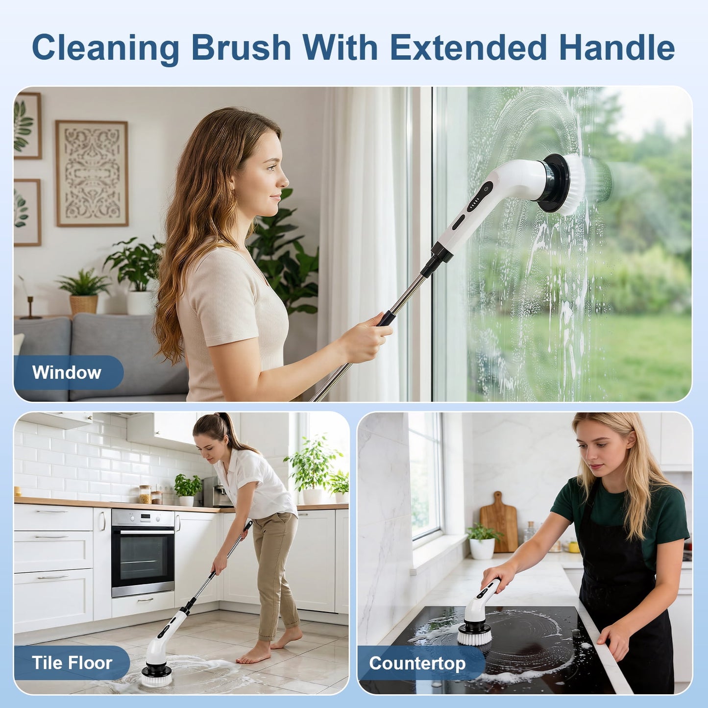 Skdwakiz Electric Spin Scrubber, Cordless Cleaning Brush with Long Handle & 9 Replaceable Heads, Power Shower Scrubber for Bathroom, Bathtub & Tile Floor