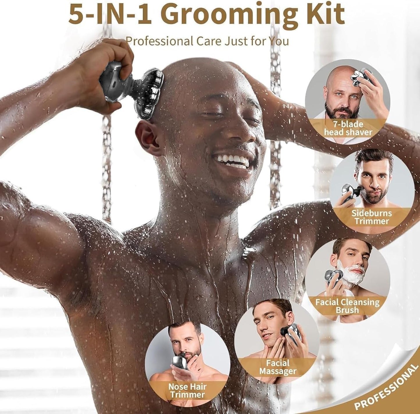 Nogroa Head Shavers for Bald Men, Magnetic Electric Razor, 7D Rotary Shaver 5 in 1 Grooming Kit, IPX7 Waterproof, Wet/Dry, LED Display, Rechargeable, Cordless, Silver