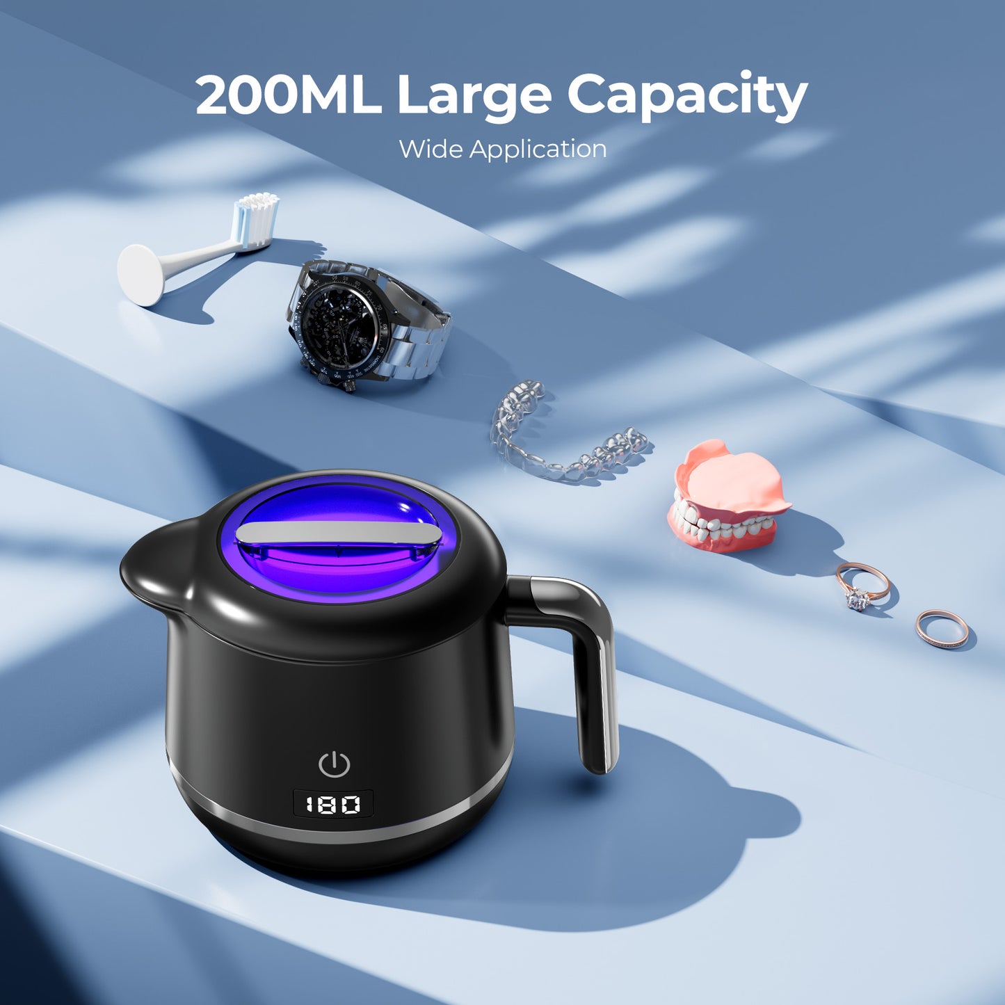 KOPEXY Ultrasonic Retainer Cleaner, 45kHz Dental Cleaning Pod for Denture, Mouth Guard, Aligner, Braces, Toothbrush Head & Jewelry, 5 Modes 45dB UV Cleaner with Digital Timer, 200ML