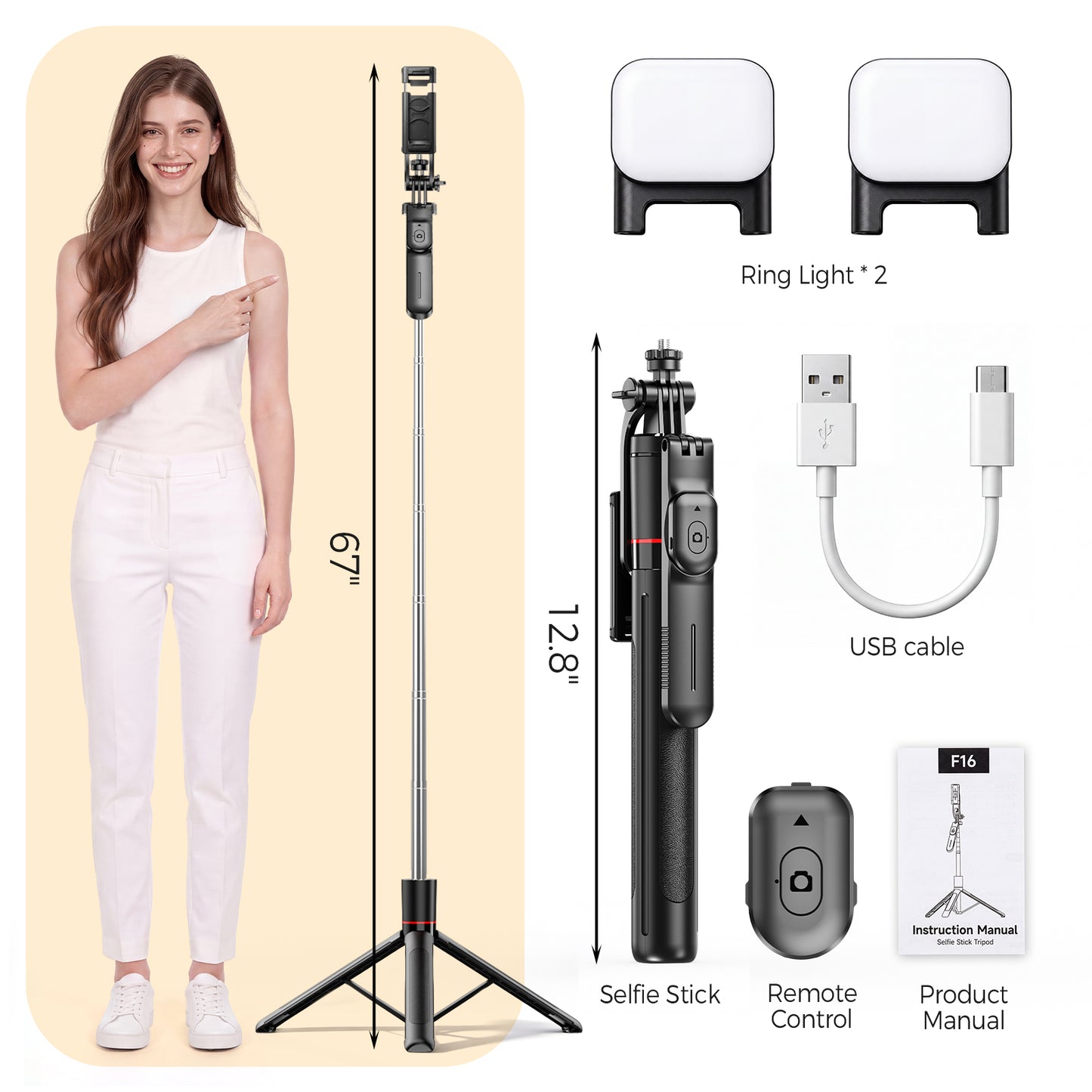 Arenviy Phone Selfie Stick - 67'' Extendable Selfie Stick Tripod with Bluetooth Remote & 2 Fill Light - 360°Rotation Portable Phone Tripod for Android, iOS