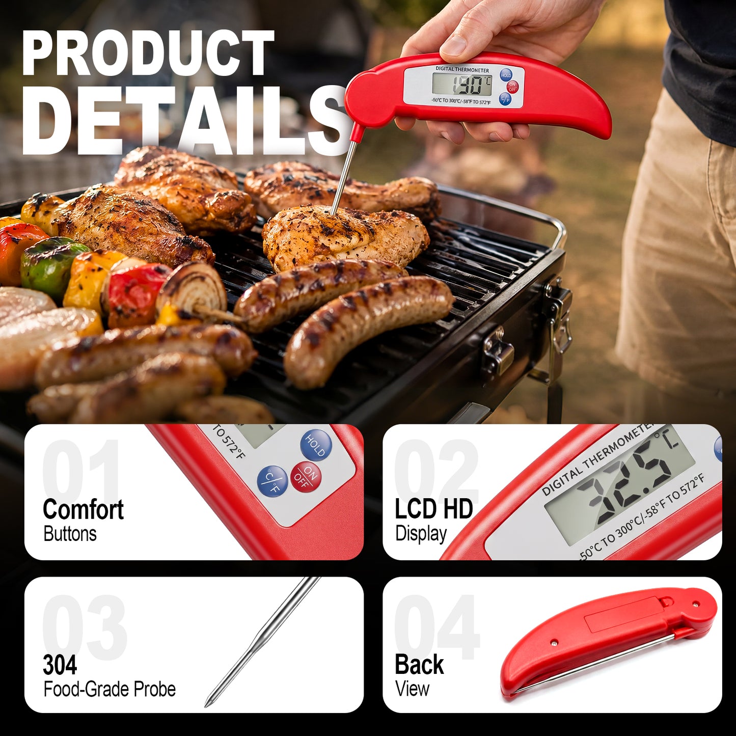 Arenviy Digital Meat Thermometer for Cooking, Instant Read Food Thermometer for Grill, BBQ & Kitchen, Foldable, 4.3-inch Probe